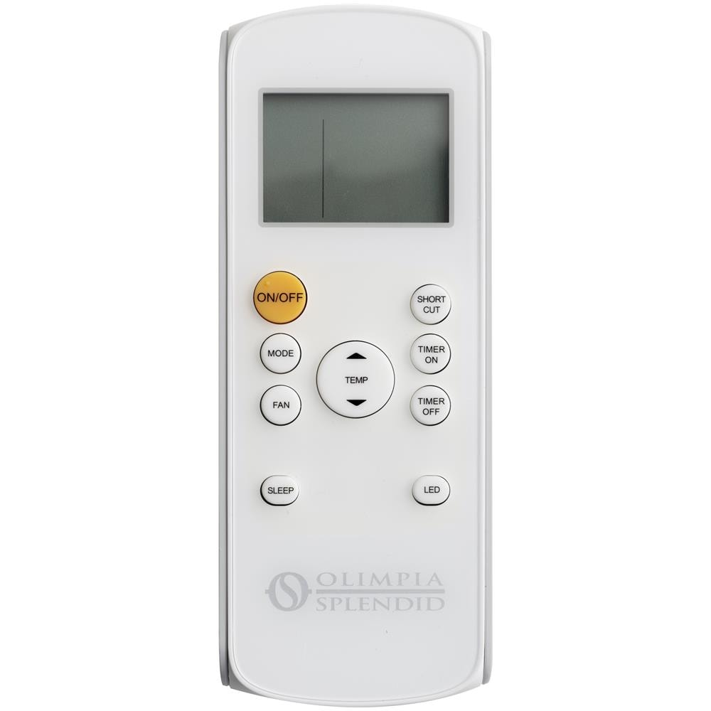 Un telecomando bianco con schermo e pulsanti come ON/OFF, MODE, FAN, TEMP, SLEEP, SHORT CUT, TIMER ON/OFF, LED.