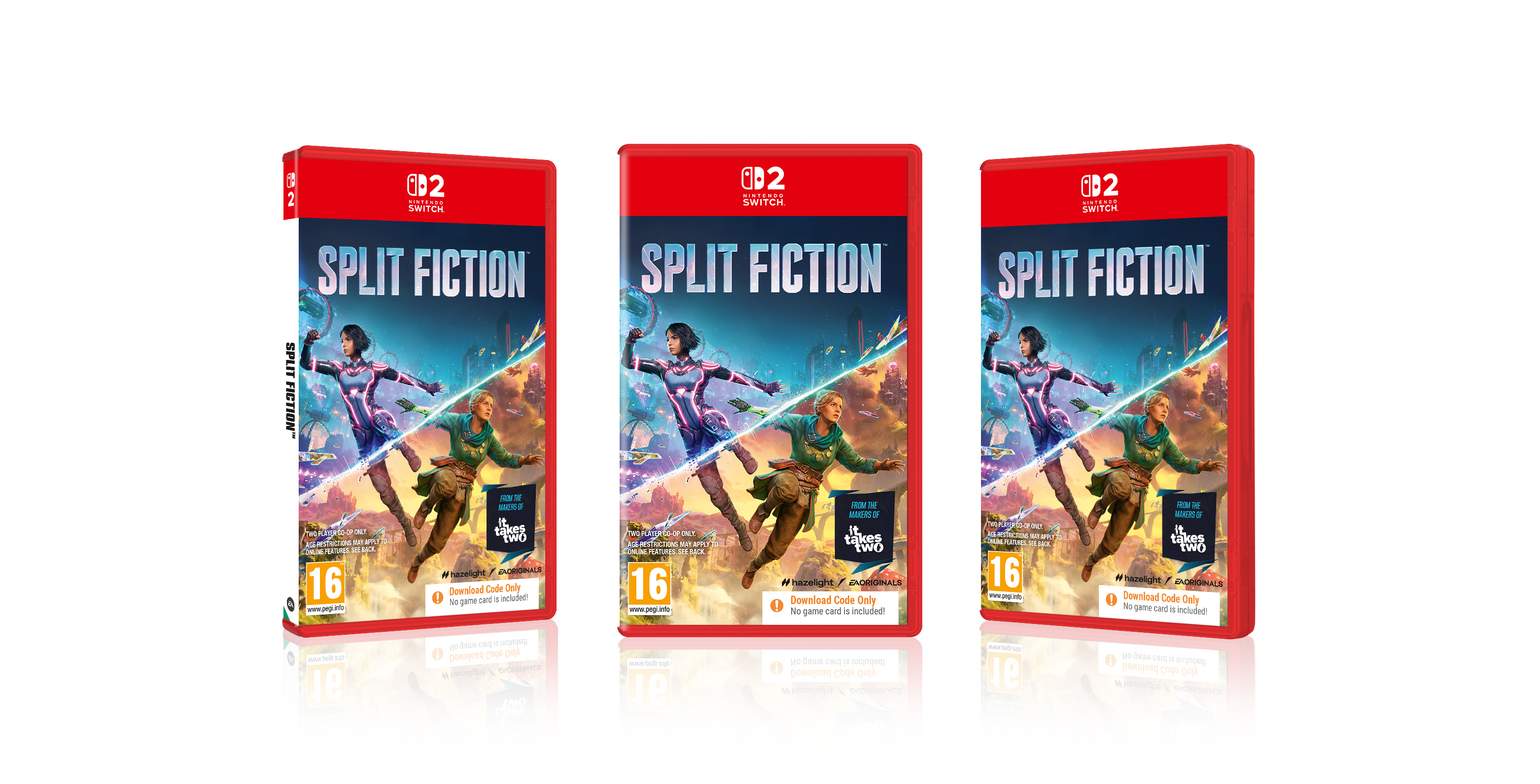 Trzy etui na gry Nintendo Switch zatytułowane 'Split Fiction' stoją obok siebie.
