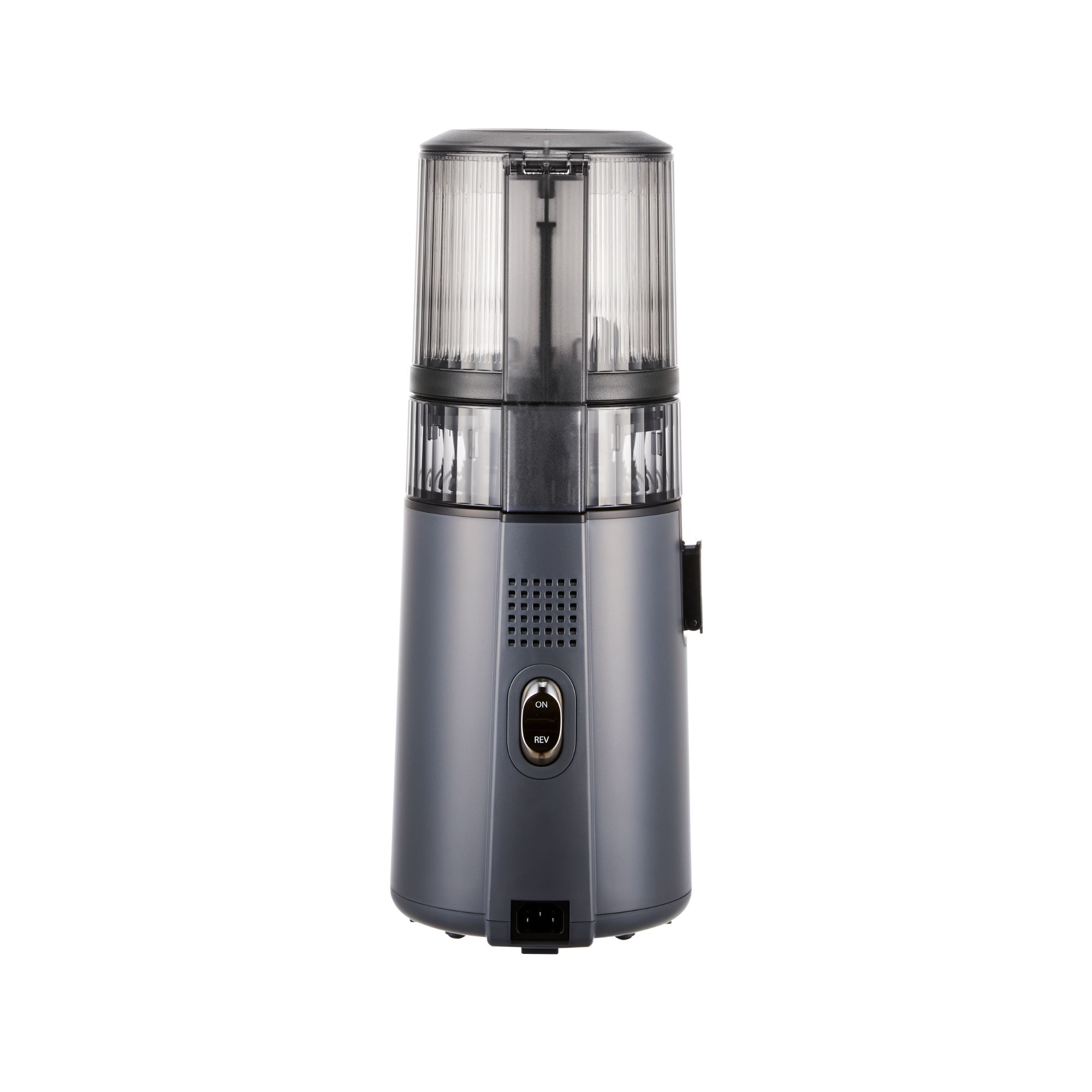 Grauer Kaffee- und Gewürz-Mühle mit durchsichtigem Behälter und Ein/Aus-Schalter.