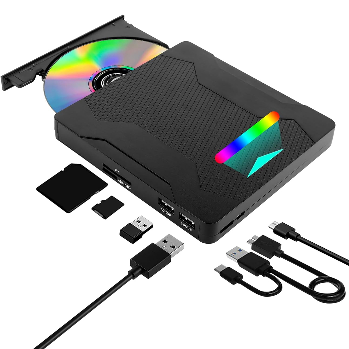 Schwarzer Mediaplayer mit CD-Laufwerk, SD-Karten, USB-Kabeln, buntem Licht.