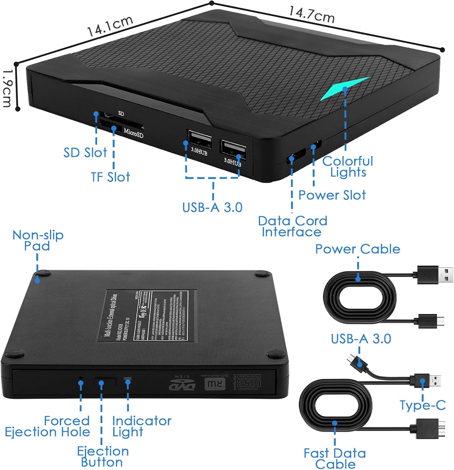 Schwarzes externes CD/DVD-Laufwerk mit SD/TF-Steckplätzen, USB 3.0 Anschlüssen und Strom-/Datenkabeln.