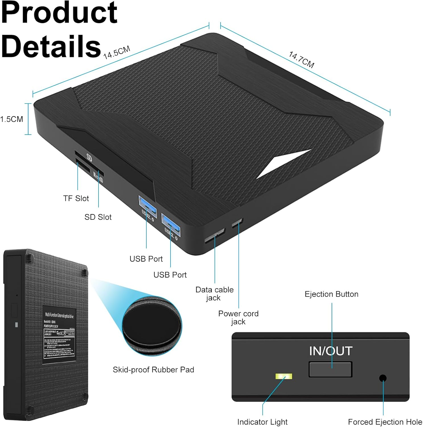 Unità esterna nera con porte USB, slot SD/TF e dimensioni.