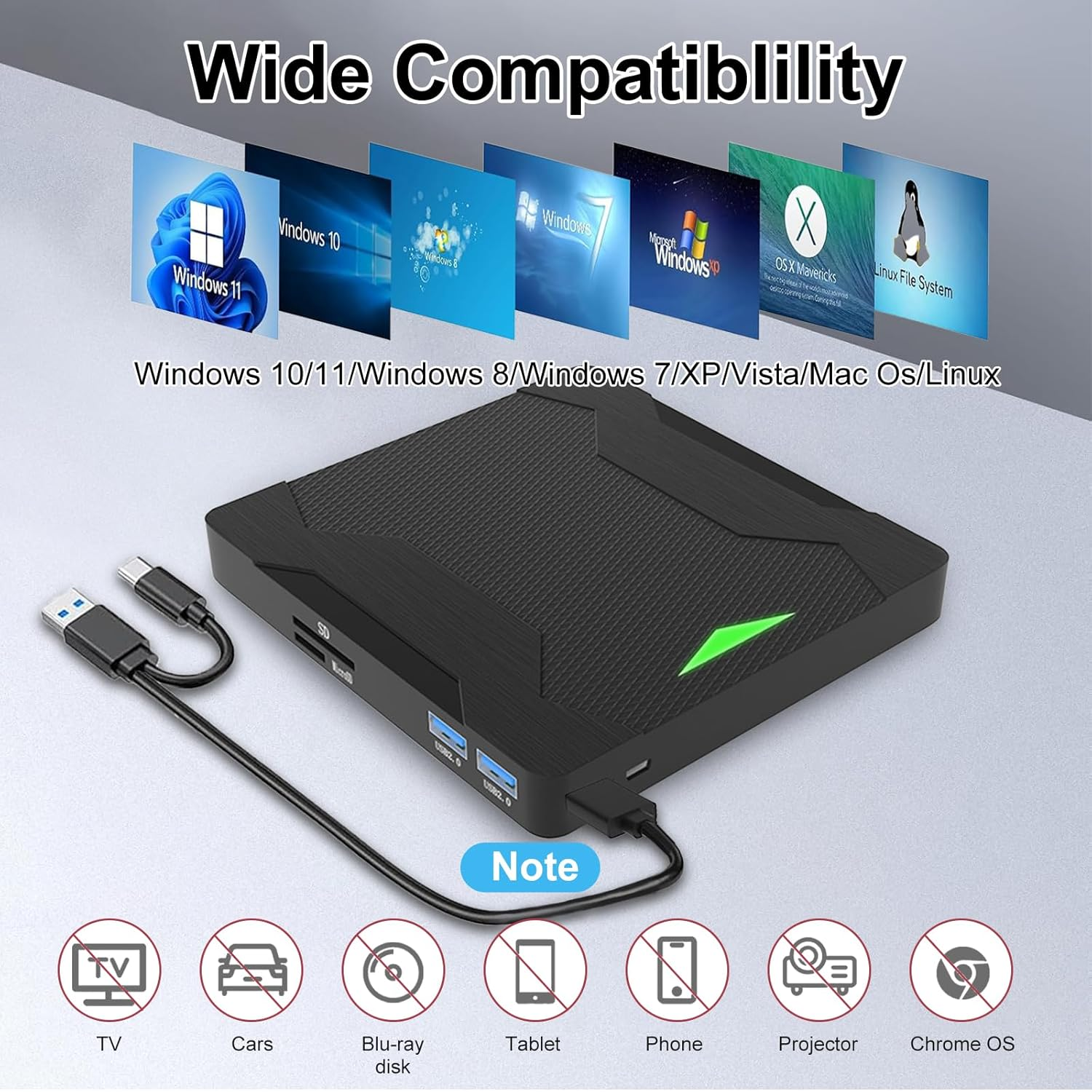 Scatola nera con cavo USB, mostra loghi OS. Compatibile con TV, Auto, Blu-ray, Tablet.