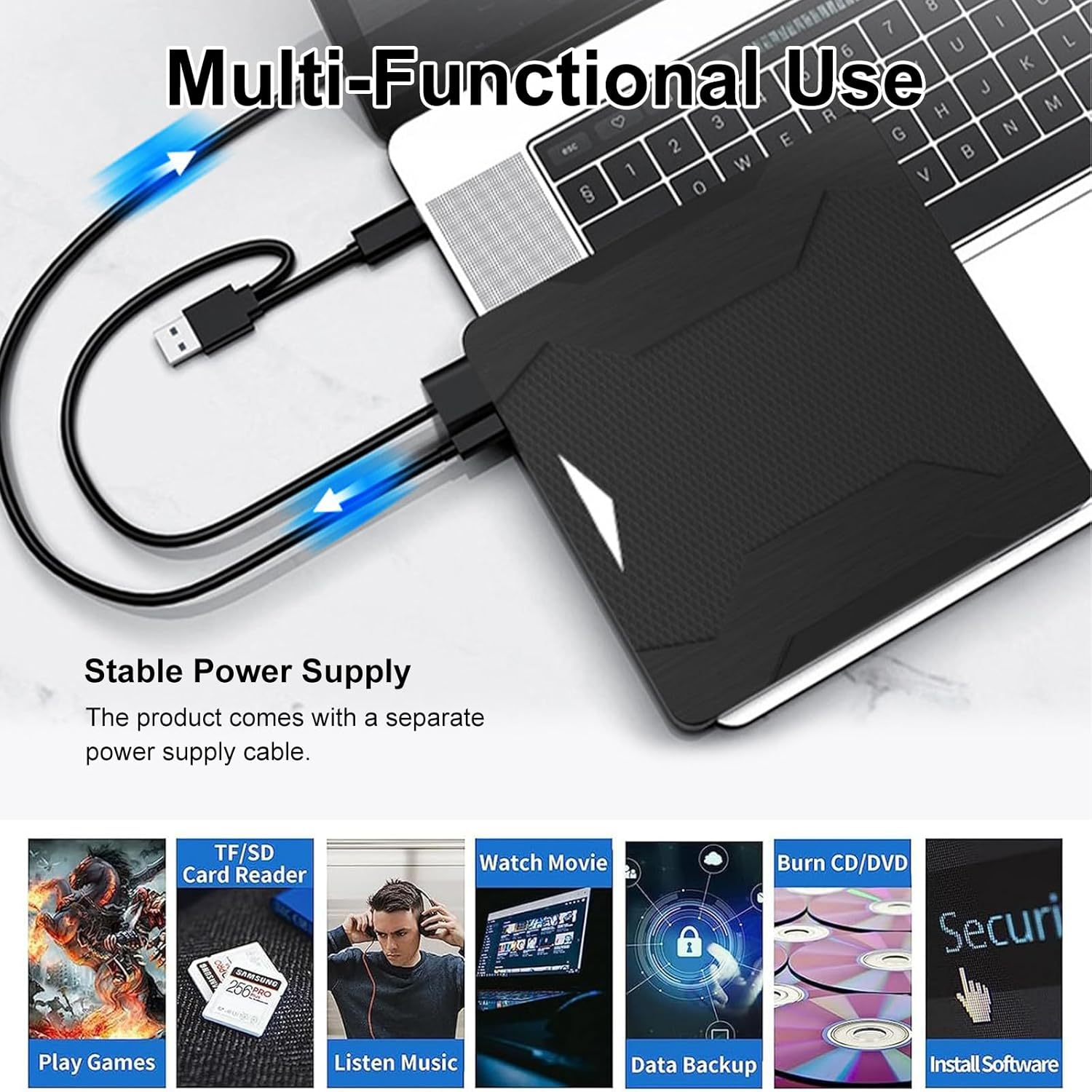 Laptop con disco esterno collegato. Testo: Uso Multifunzione, Alimentazione Stabile.