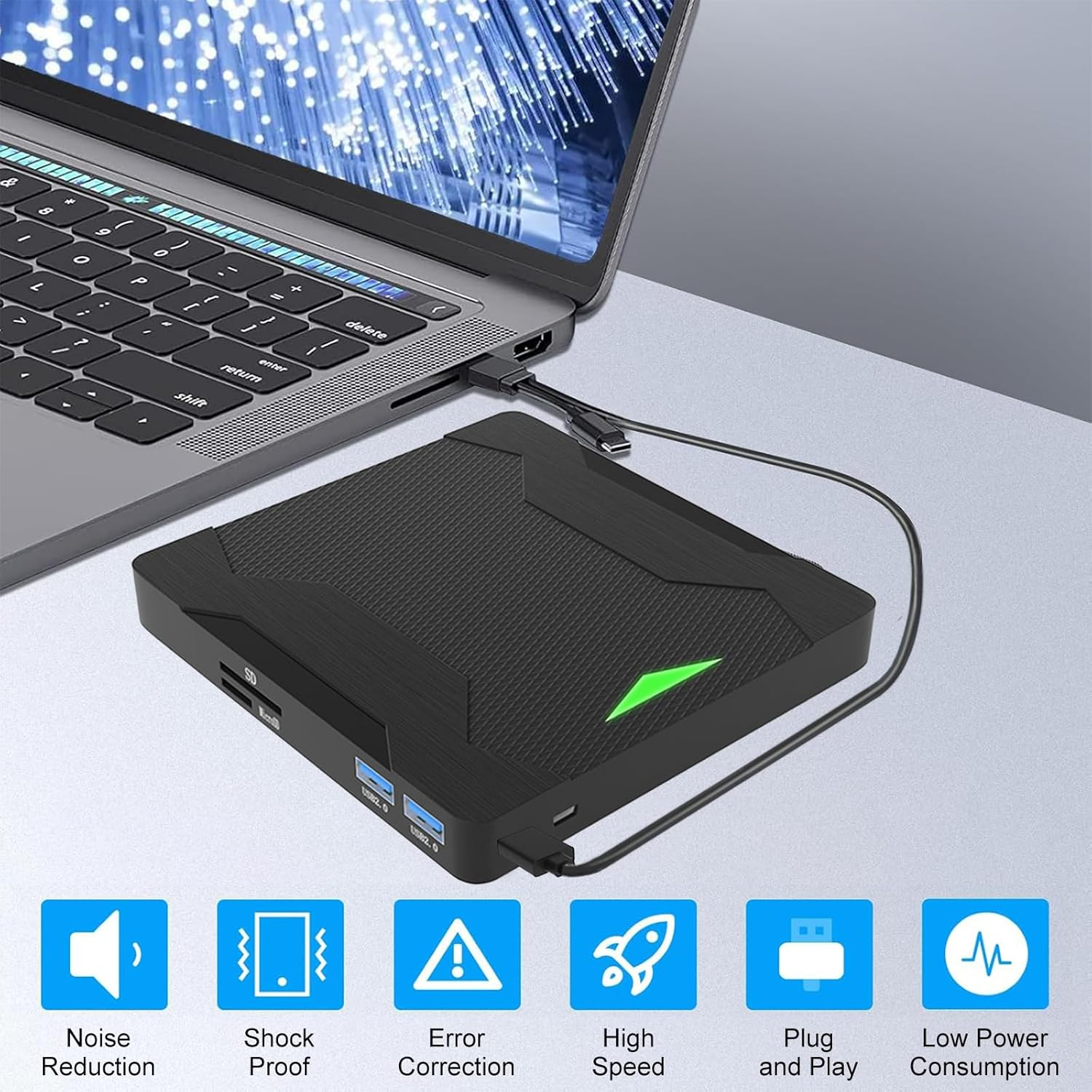 Unità esterna nera con USB-C collegata a un laptop. Icone raffigurano caratteristiche.