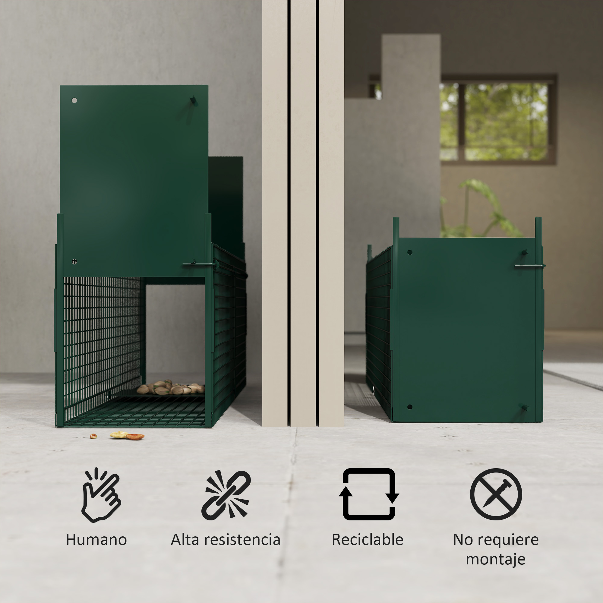 Dos jaulas verdes de metal, una abierta con nueces, iconos al lado.