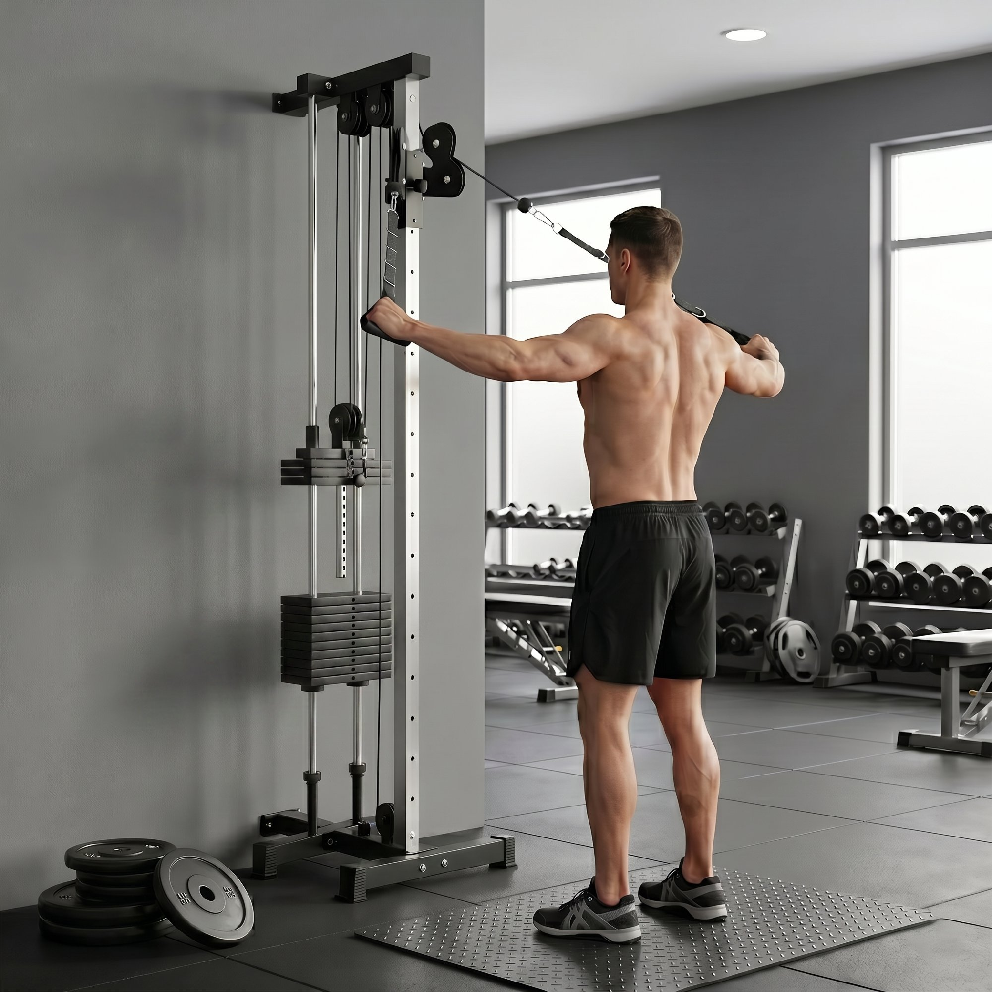 Hombre haciendo elevación lateral con cable en un gimnasio con mancuernas al fondo.