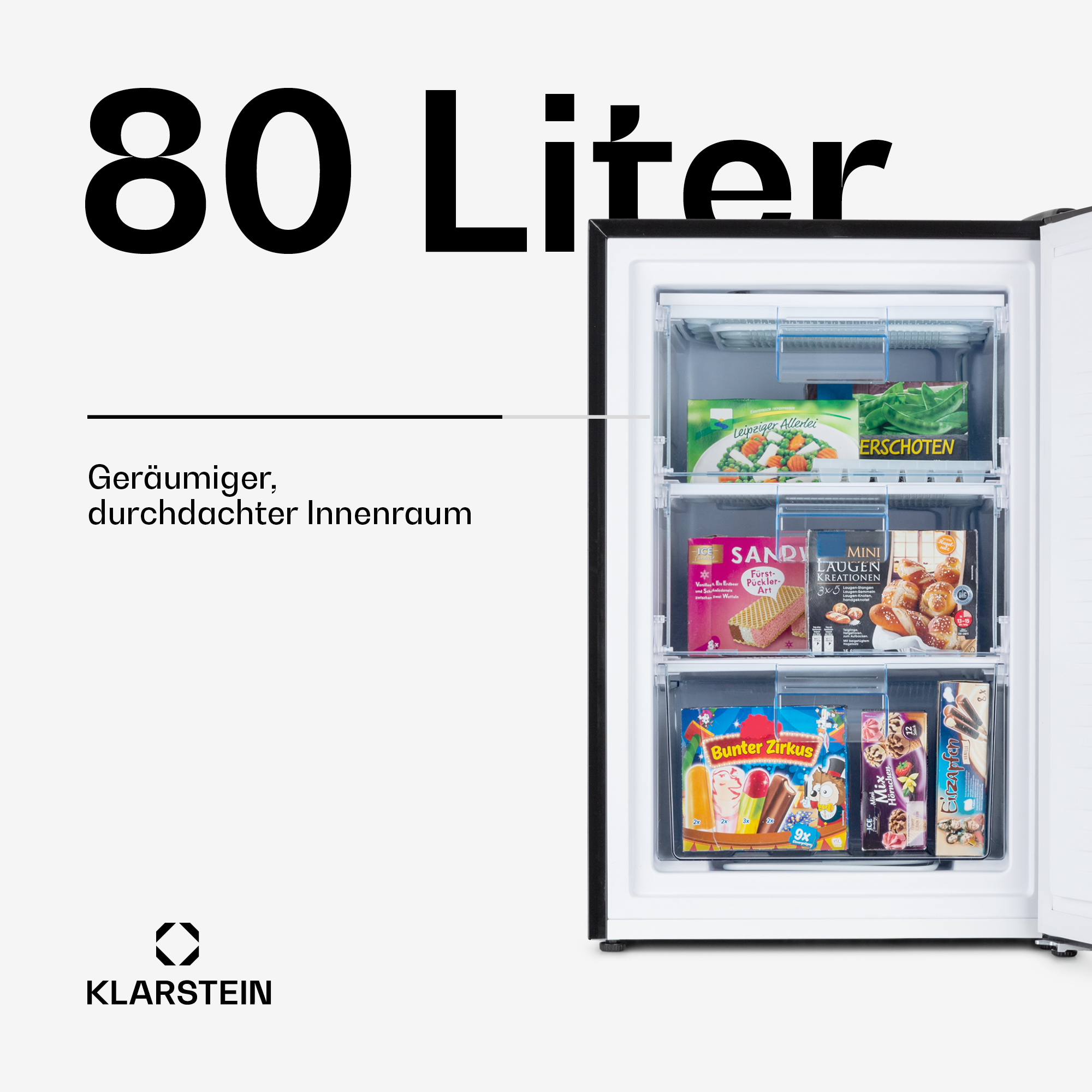 Ein offener 80-Liter-Kühlschrank mit gefrorenen Lebensmitteln.