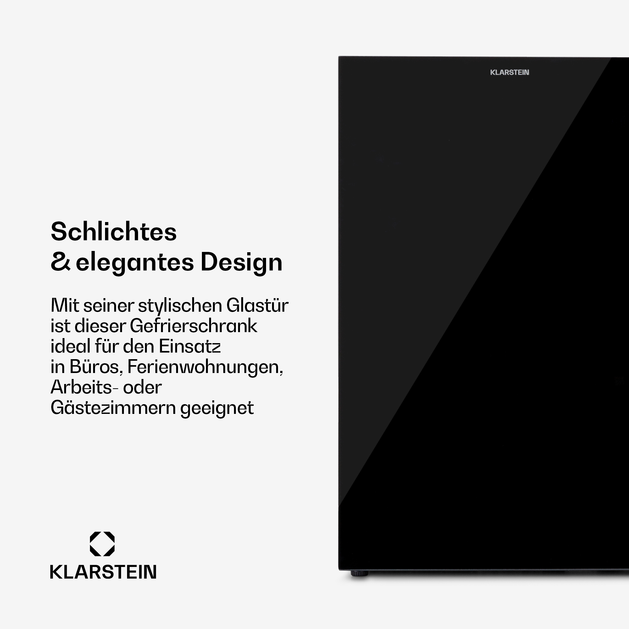 Moderner schwarzer Gefrierschrank mit Glastür und Klarstein-Logo.