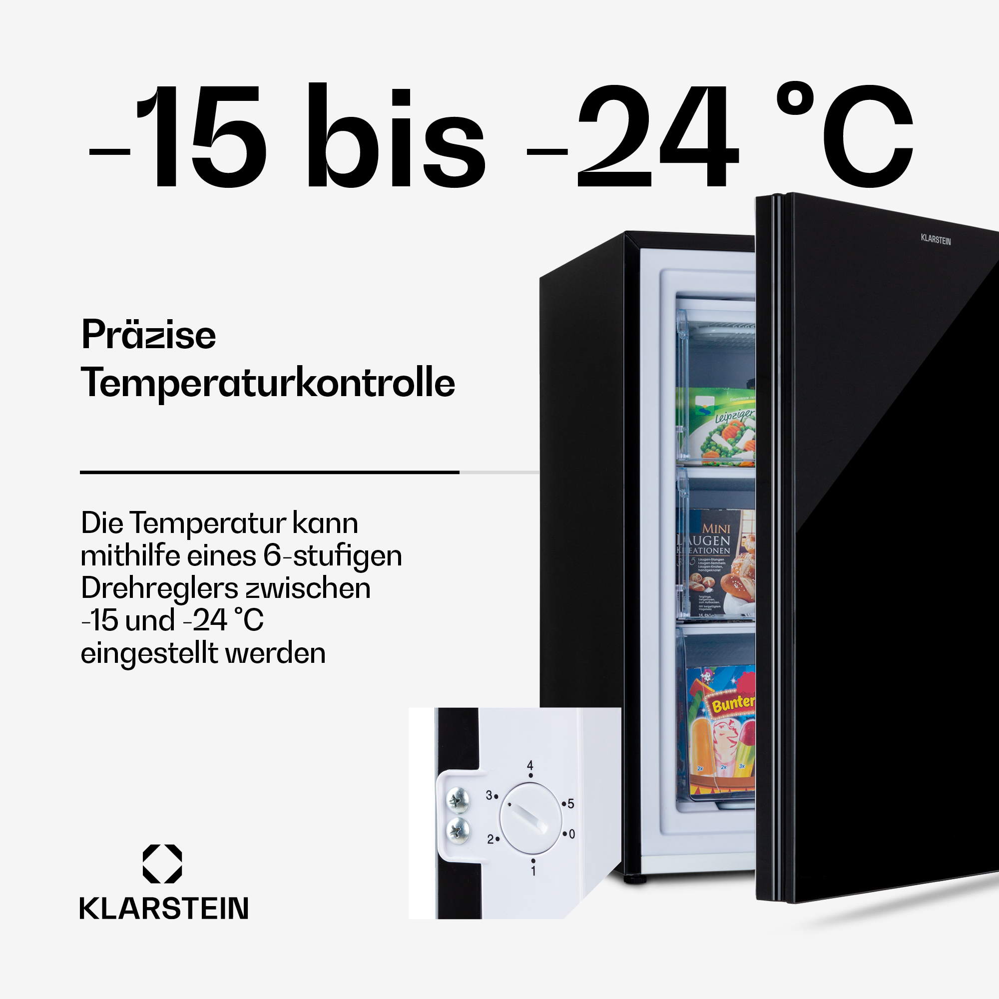 Ein schwarzer Klarstein Kühlschrank mit geöffneter Tür, der Temperaturen von -15 bis -24 °C anzeigt.