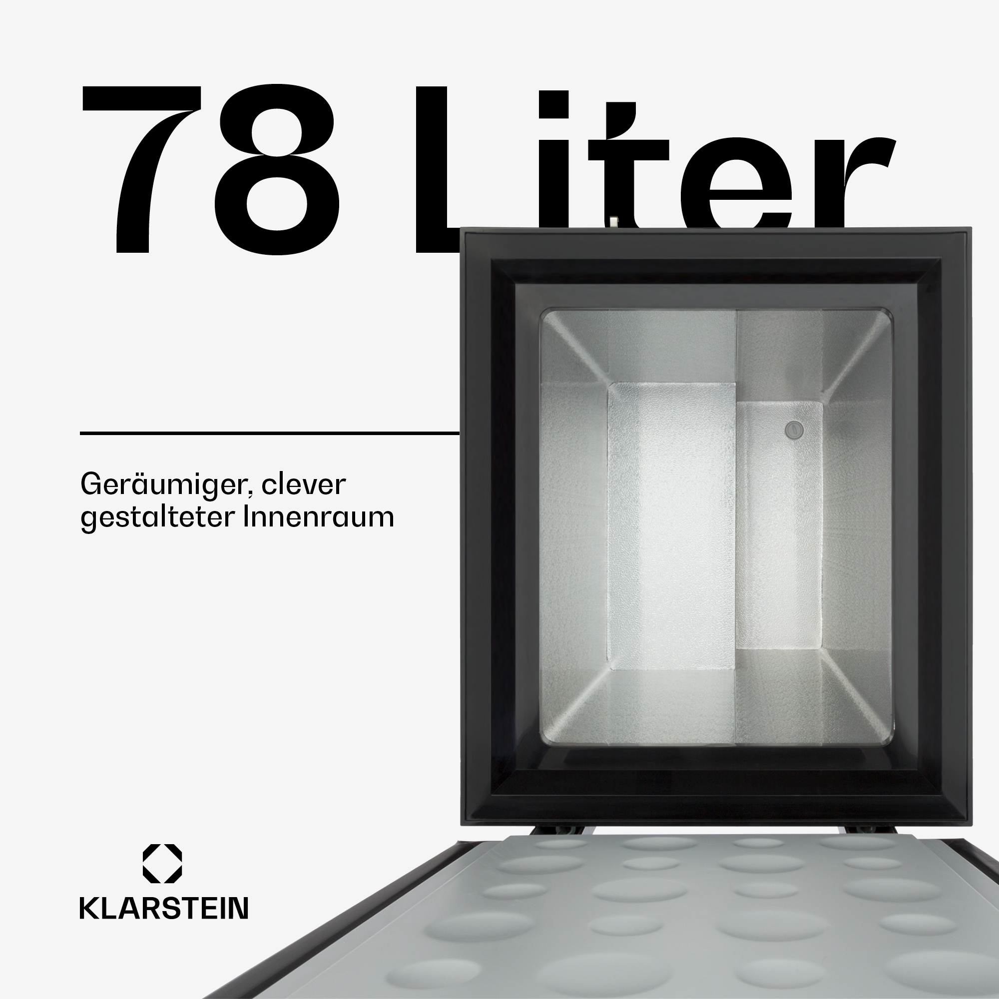 78 Liter Innenraum eines Kühlschranks mit Klarstein-Logo.