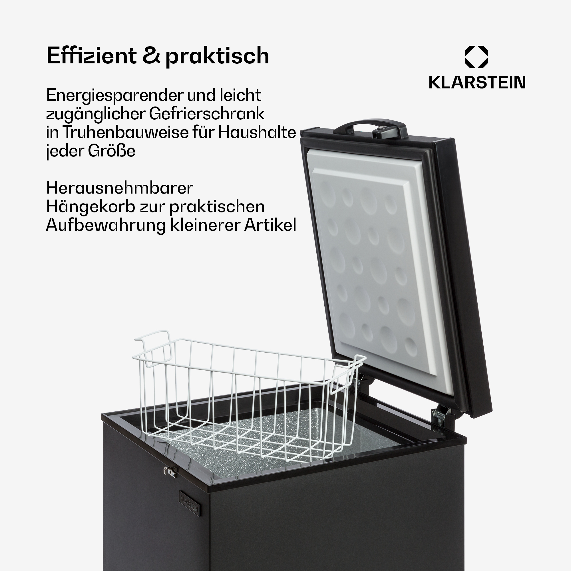 Schwarzer Gefrierschrank mit offenem Deckel und weißem Hängekorb.