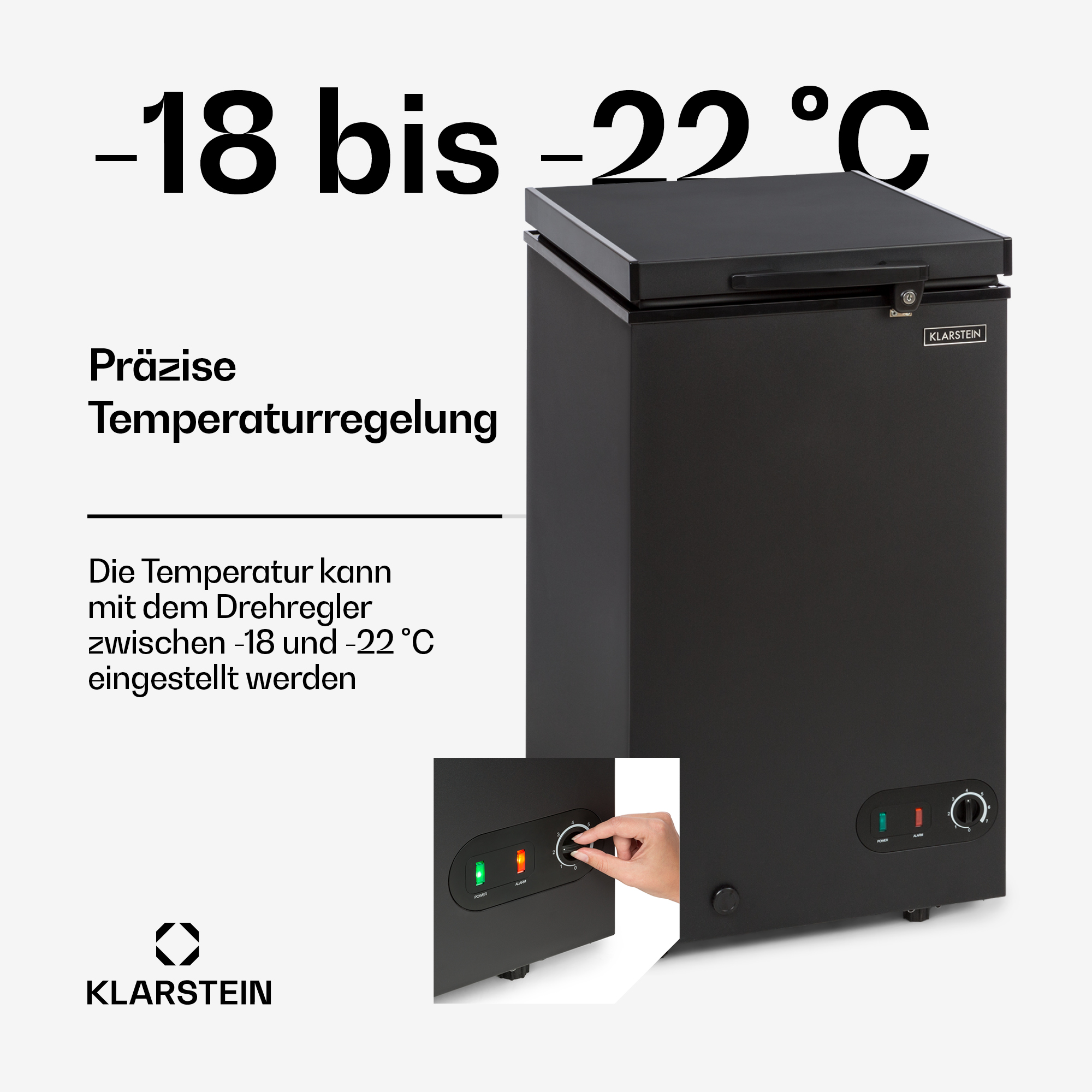 Ein schwarzer Gefrierschrank mit der Temperaturanzeige -18 bis -22°C.