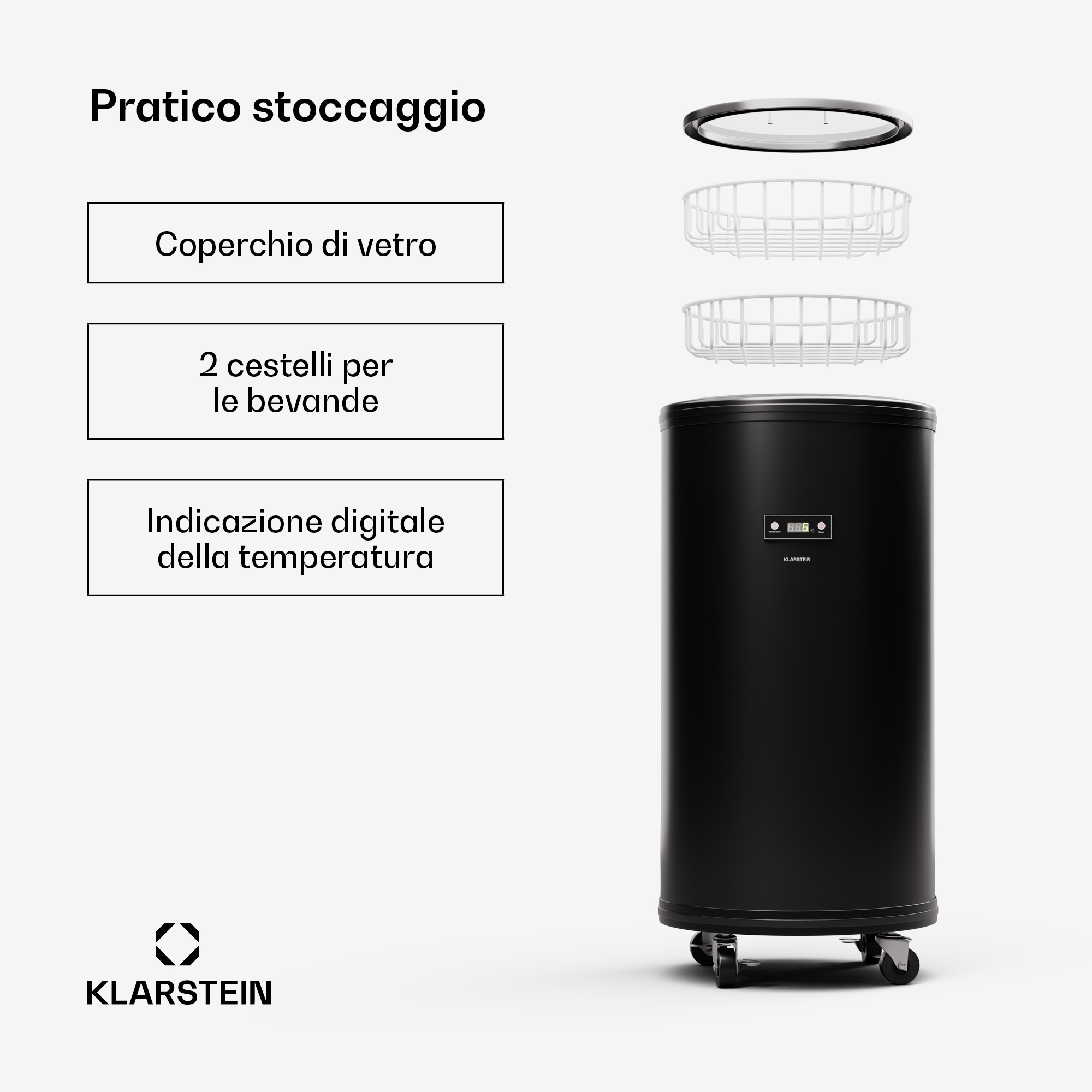 Frigo nero con coperchio in vetro, due cestelli e display digitale temperatura.