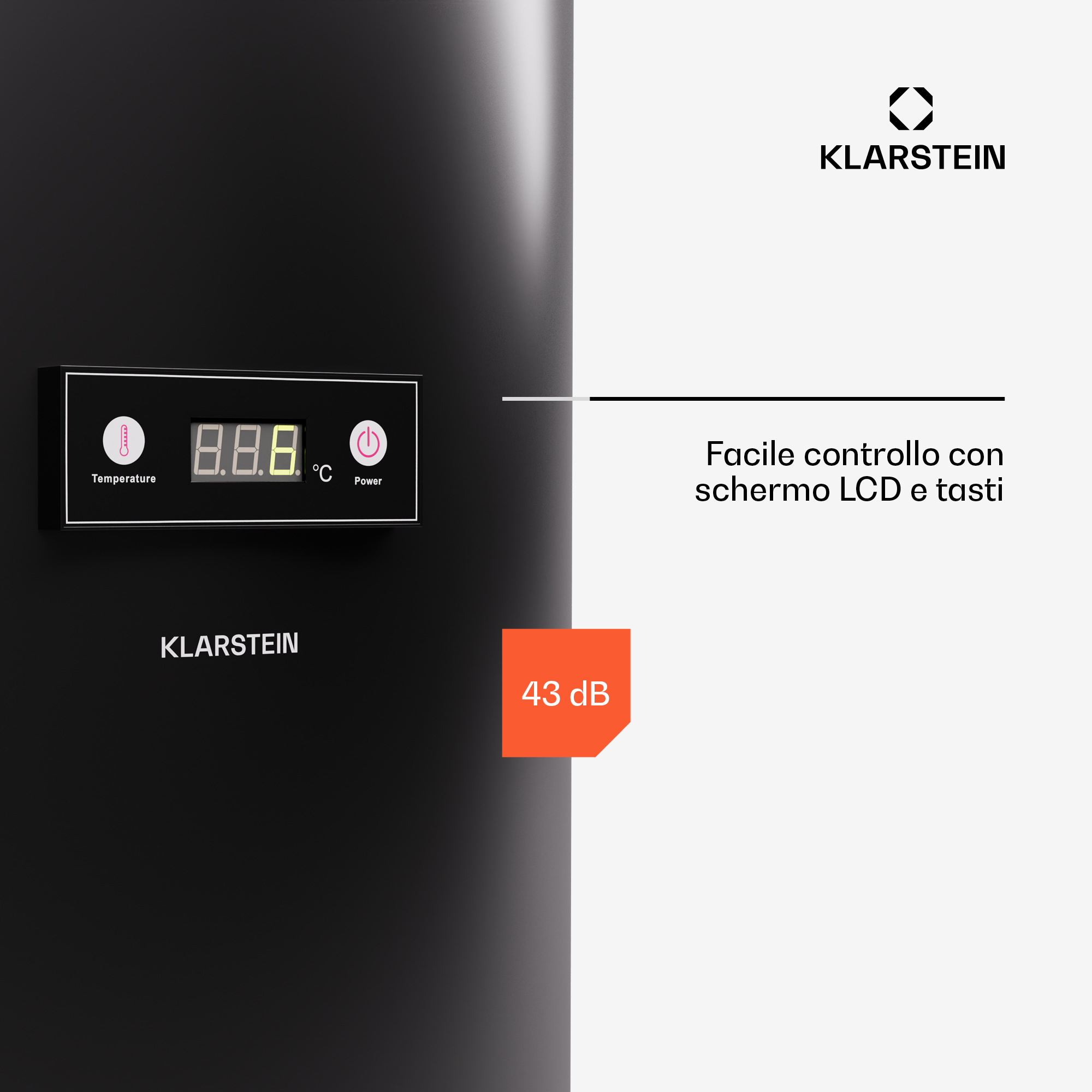 Dispositivo Klarstein con display LCD, tasti temperatura e accensione, 43 dB.