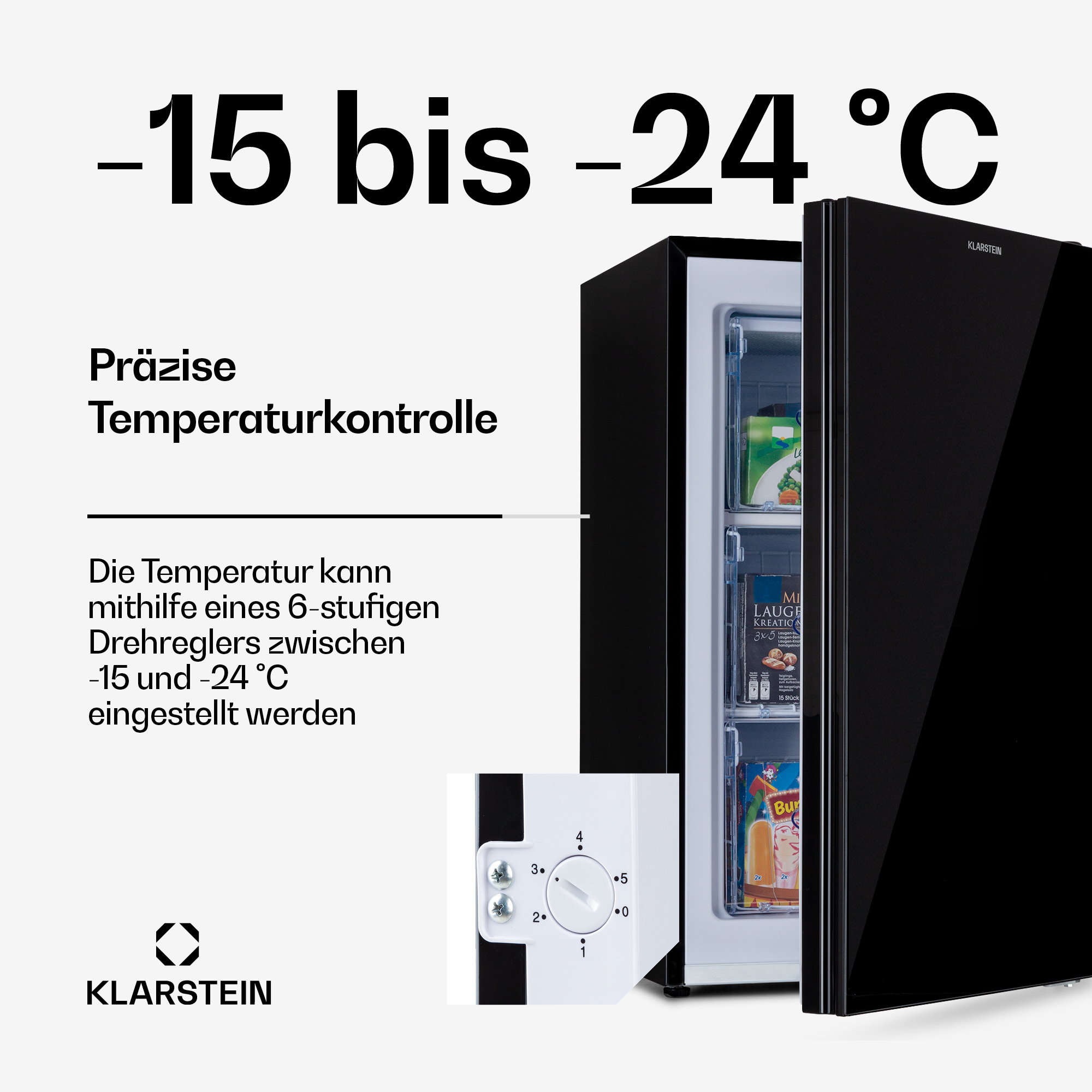 Un refrigerador negro con control de temperatura preciso de -15 a -24°C.