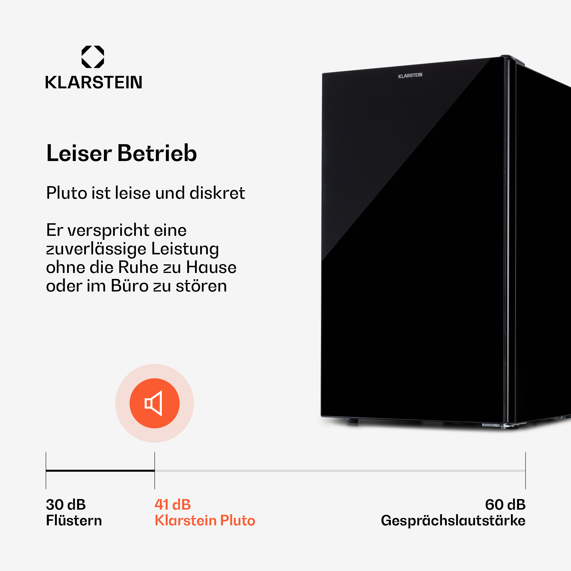 Logotipo de Klarstein y un refrigerador negro con comparación de sonido.
