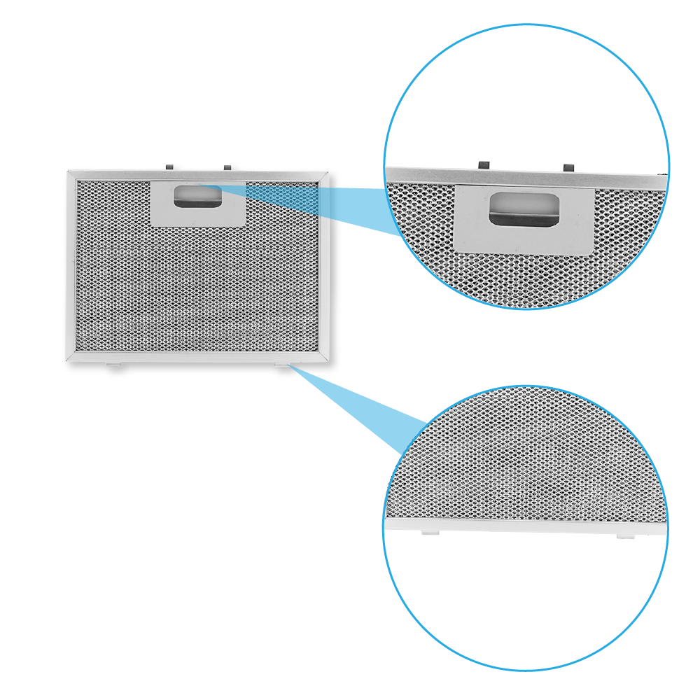 Ein Metallfettfilter mit Griff und Ausschnitten, der von oben und unten gezeigt wird.