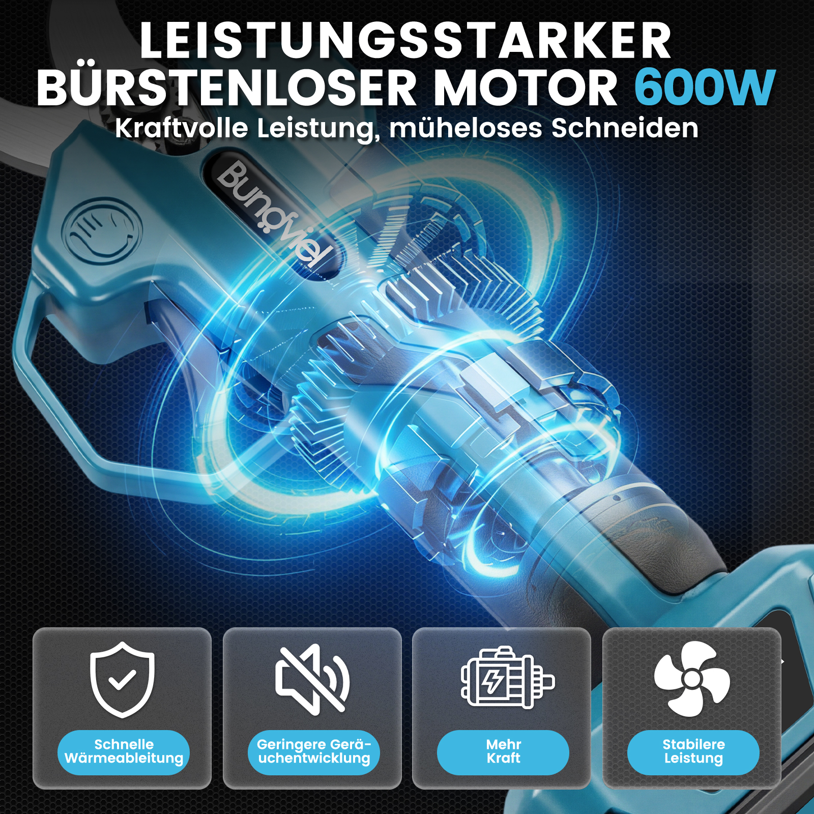 Blauer bürstenloser Motor mit 600W und Symbolen für Leistung und Effizienz.