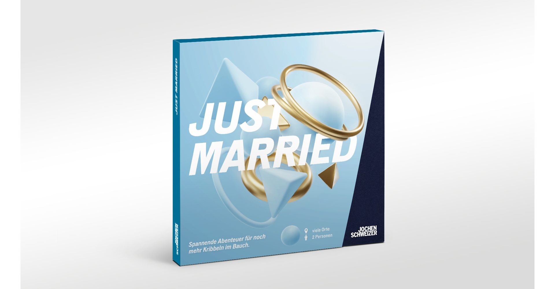 Ein "Just Married" Kartenspiel mit goldenen Ringen und geometrischen Formen.