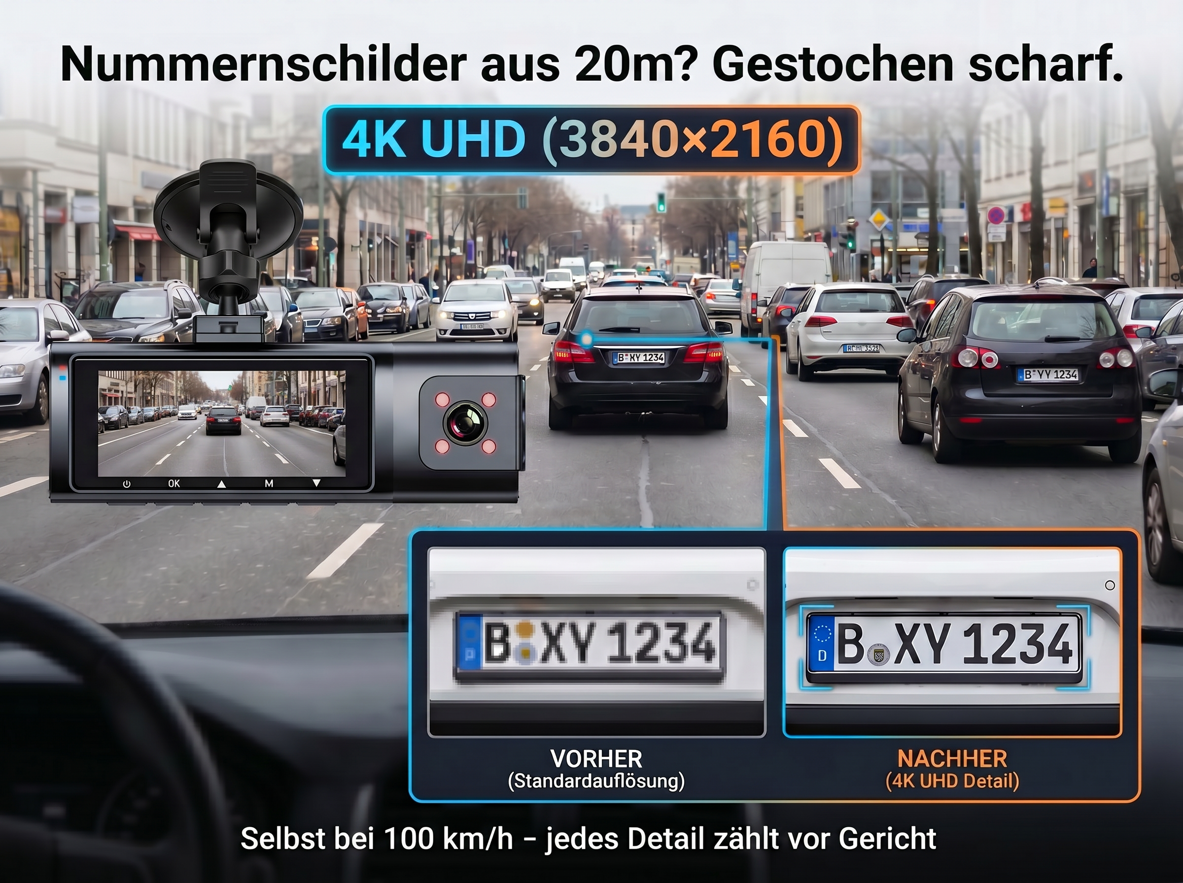Ein Dashcam-Bildschirm zeigt eine Straße mit Autos. 4K-Auflösung.