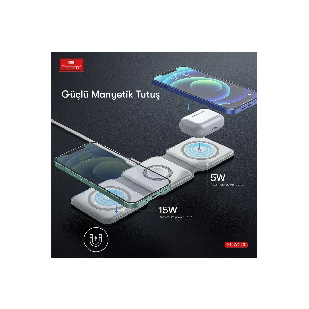 İki akıllı telefon ve kablosuz kulaklık bulunan manyetik şarj cihazı.