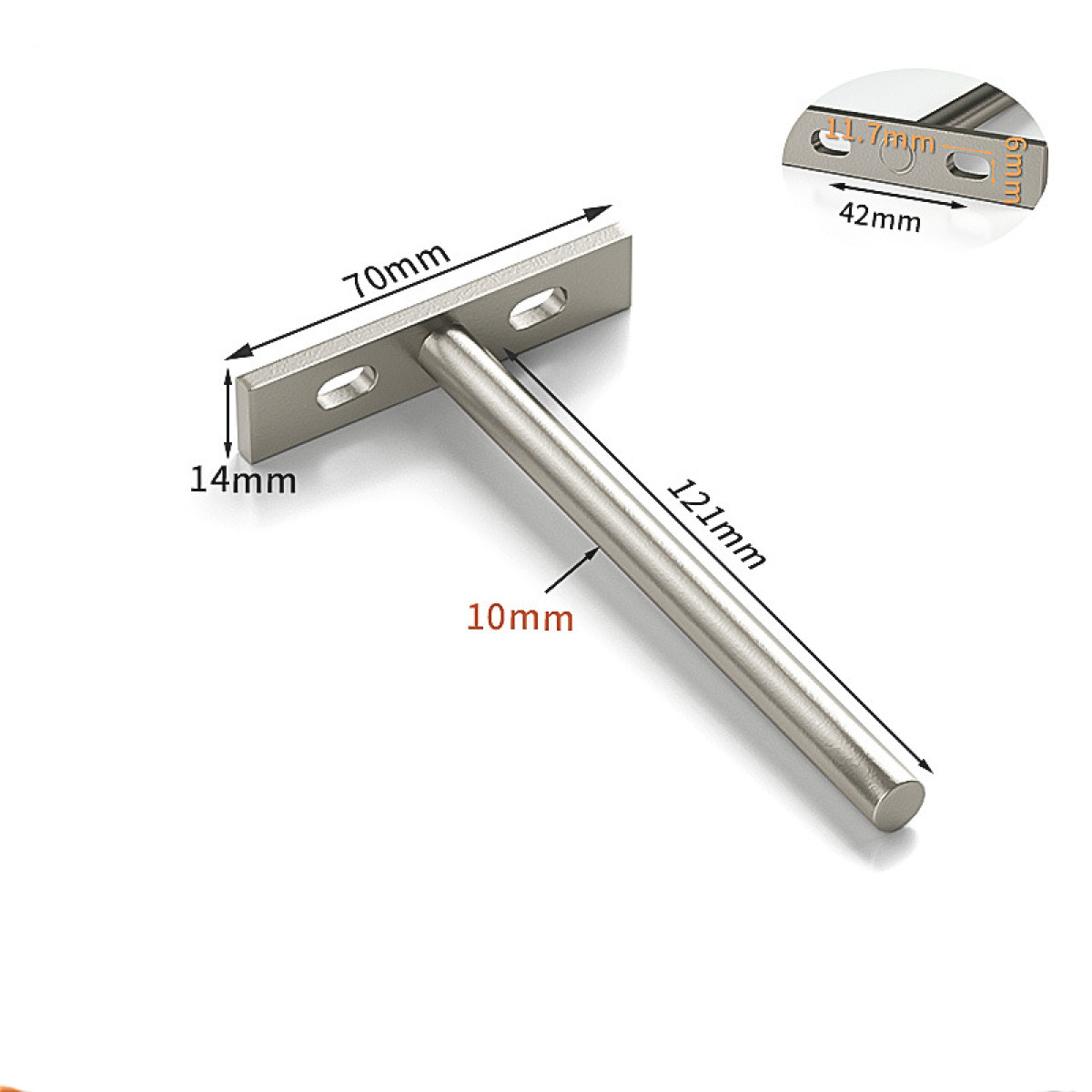 Una staffa per scaffale argentata con dimensioni: piastra 70x14mm, asta 121mm, diametro 10mm.