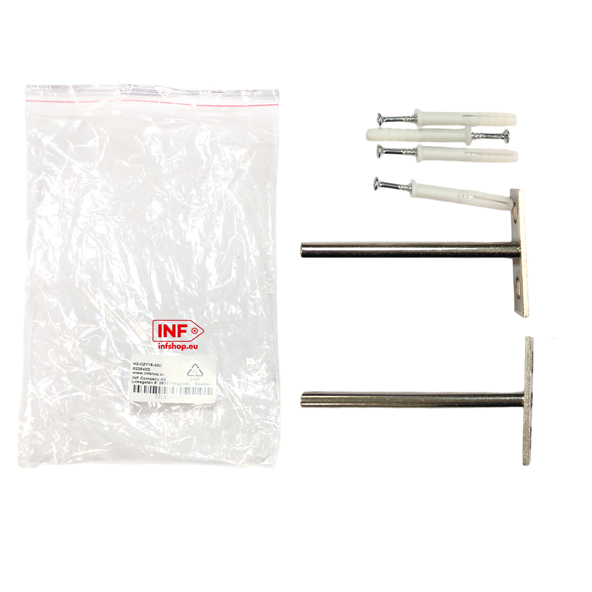 Sacchetto di plastica con logo INFshop.eu e due staffe metalliche per mensole con viti e tasselli.