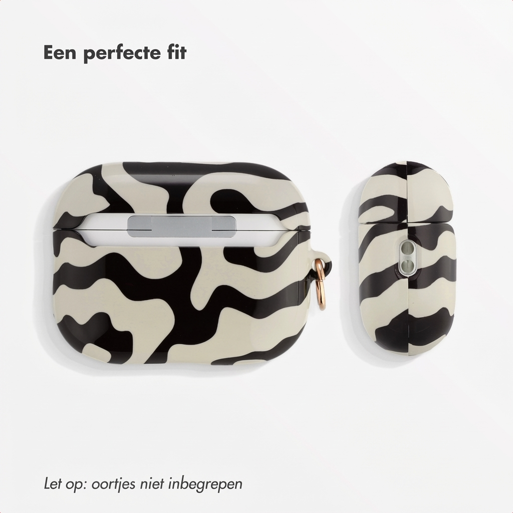 Una custodia AirPods Pro con fantasia bianco e nero, una aperta, una chiusa.