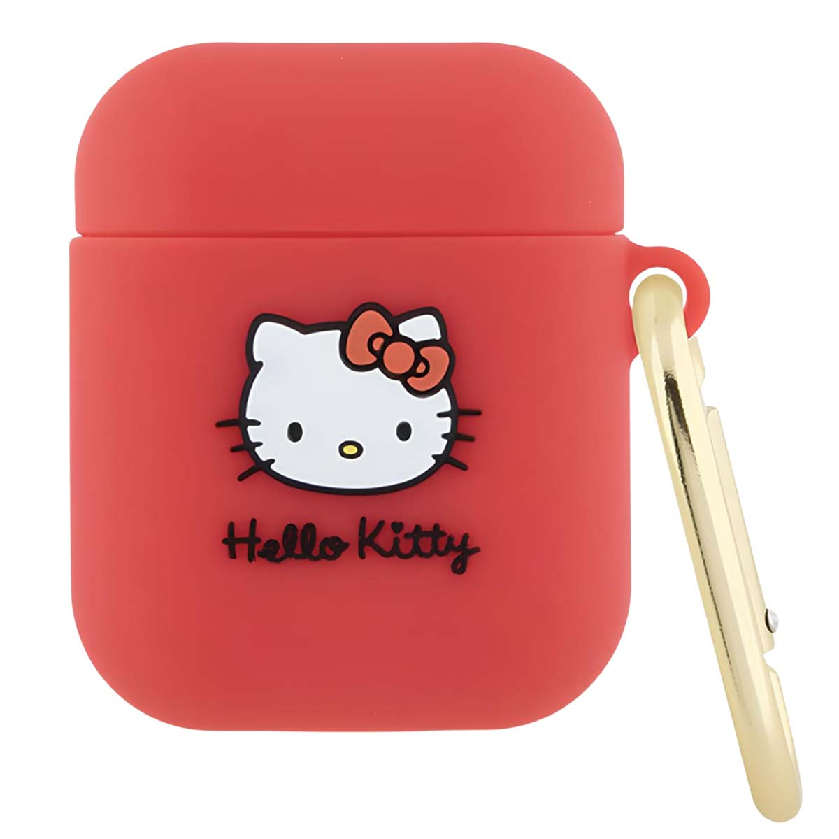 Custodia rossa con Hello Kitty e fiocco, con moschettone dorato.