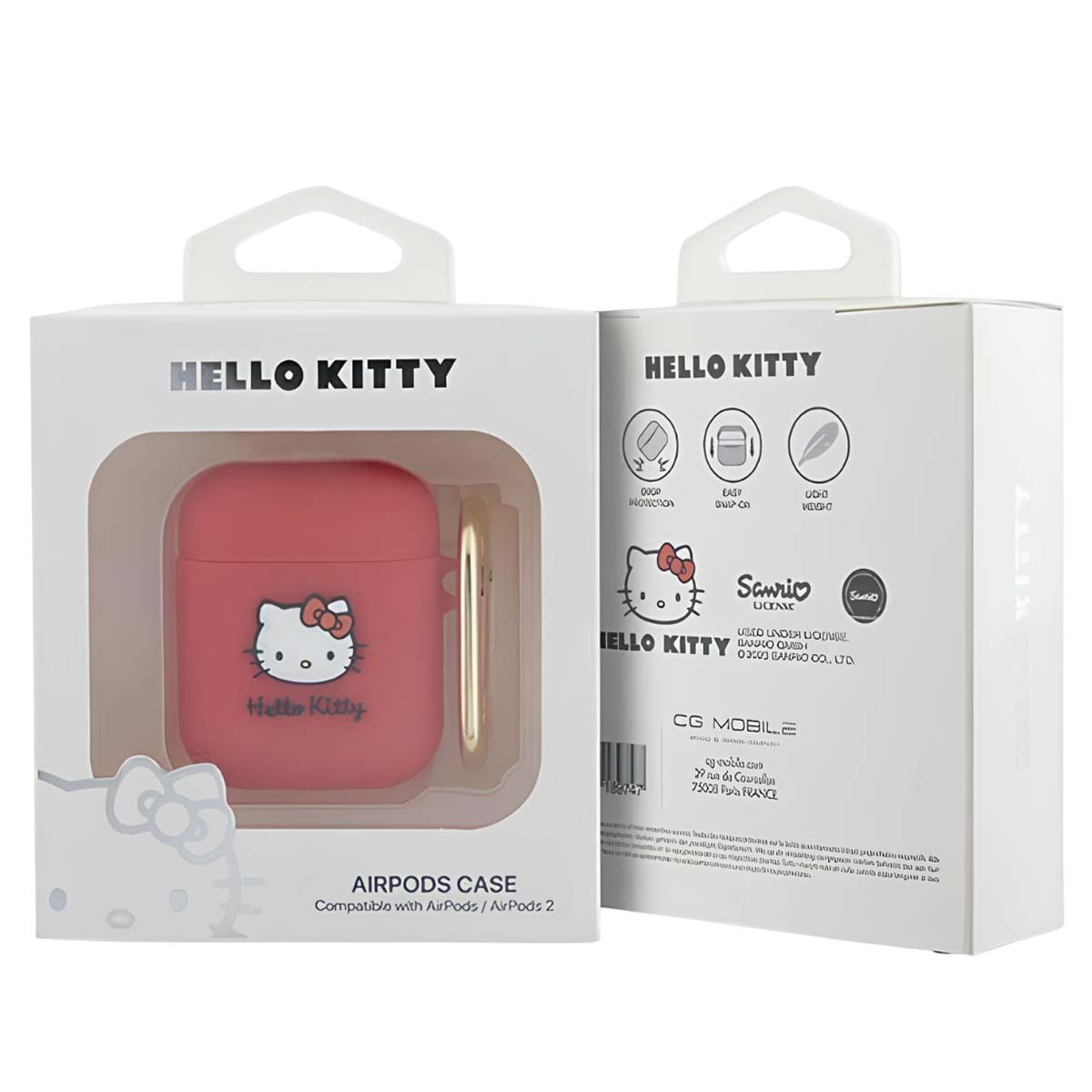 Una custodia rosa Hello Kitty per AirPods con un anello dorato sulla confezione.