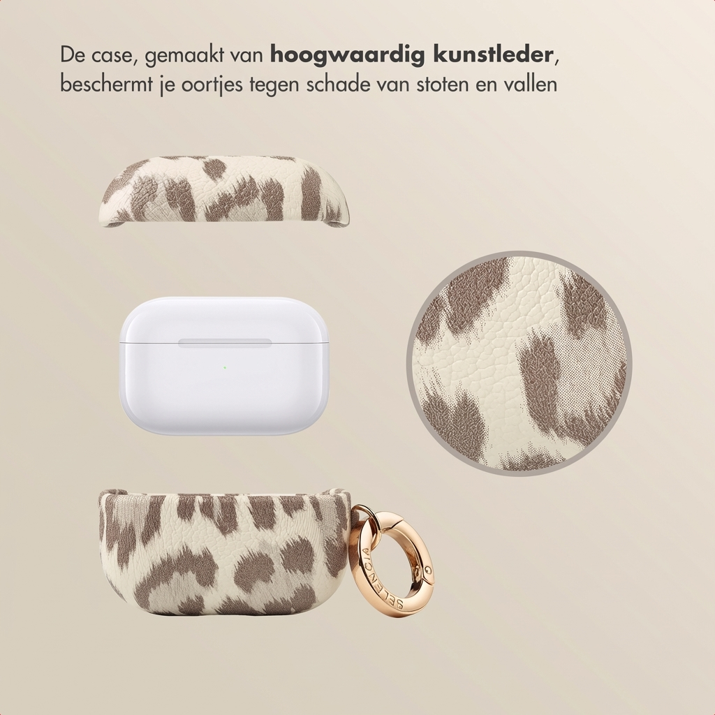 Custodia bianca per AirPods con stampa leopardata e chiusura dorata.