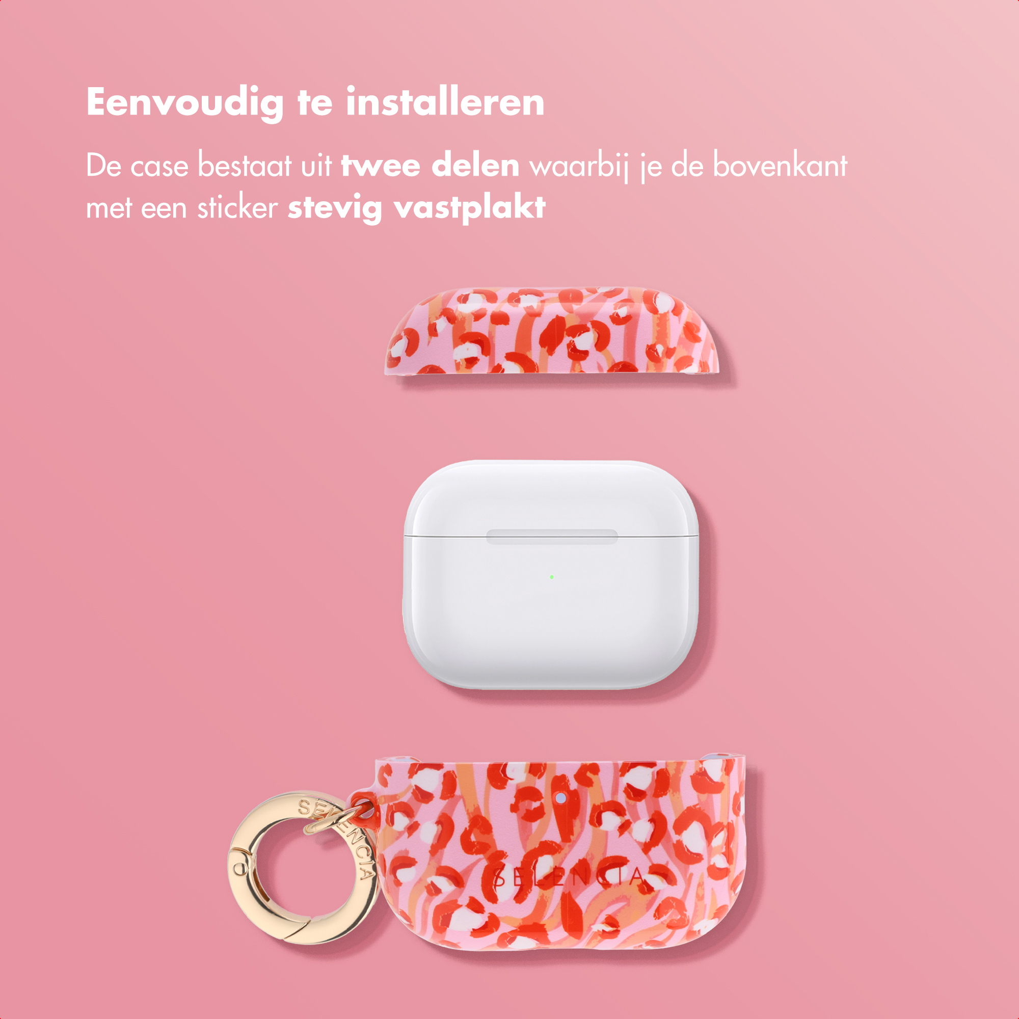 Una custodia bianca per AirPods con due parti di una cover leopardata rosa.