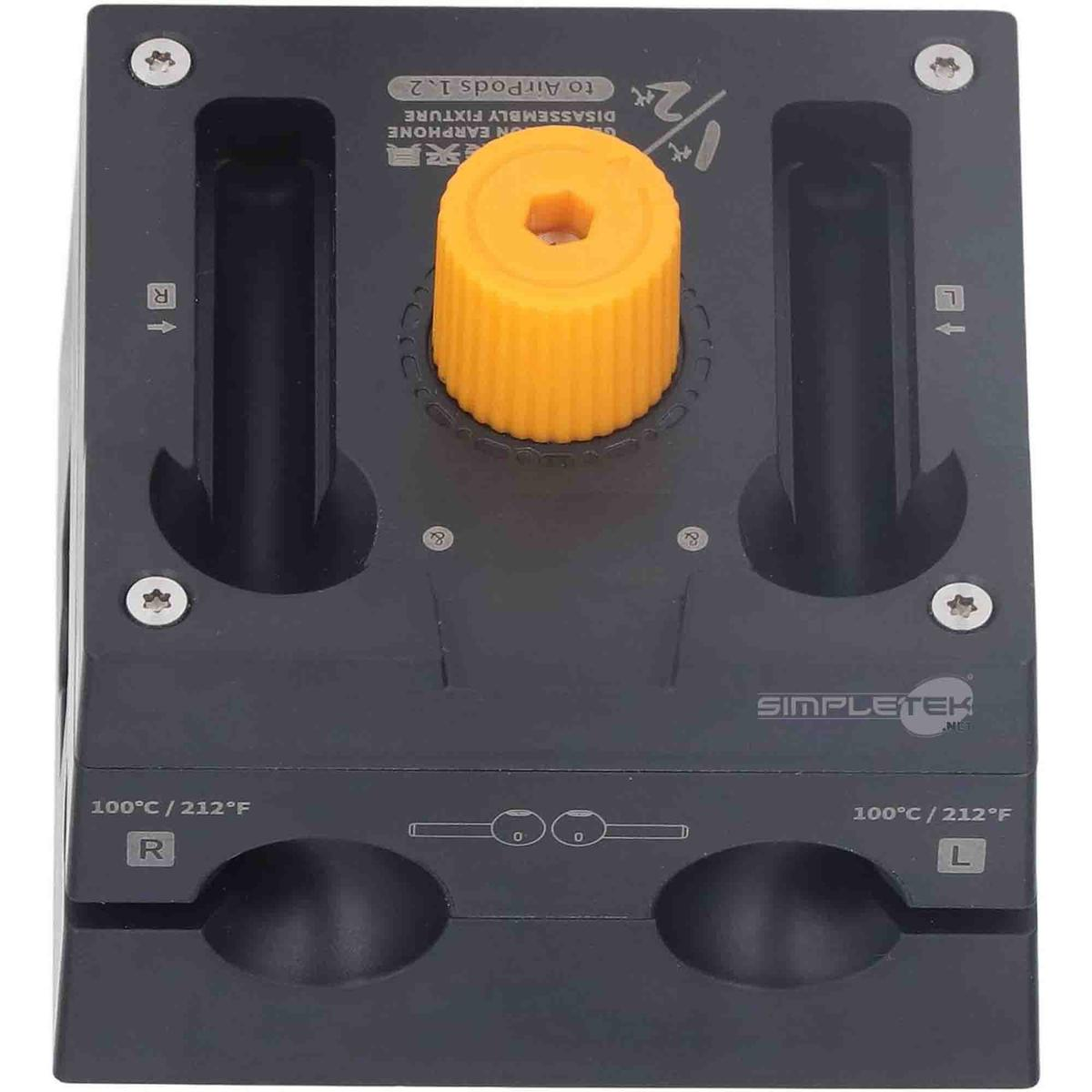 Supporto nero per smontaggio auricolari con manopola gialla e marchi R/L.