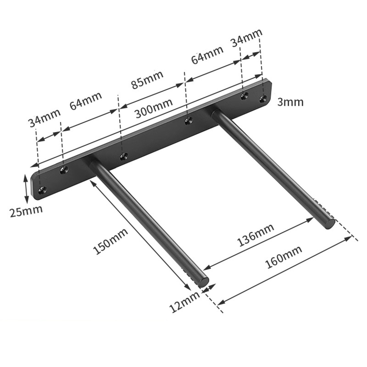 Staffa per scaffale nera con dimensioni: 300mm lunghezza, 25mm altezza, 12mm diametro asta.