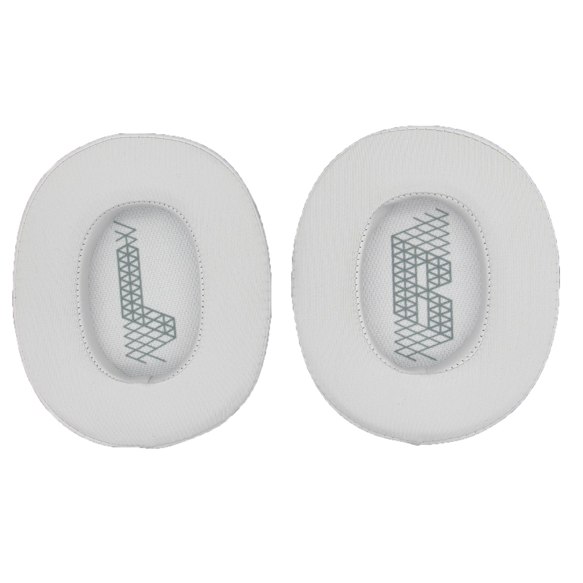 Due cuscinetti auricolari bianchi con motivo grigio 'L' e 'R' su sfondo bianco.