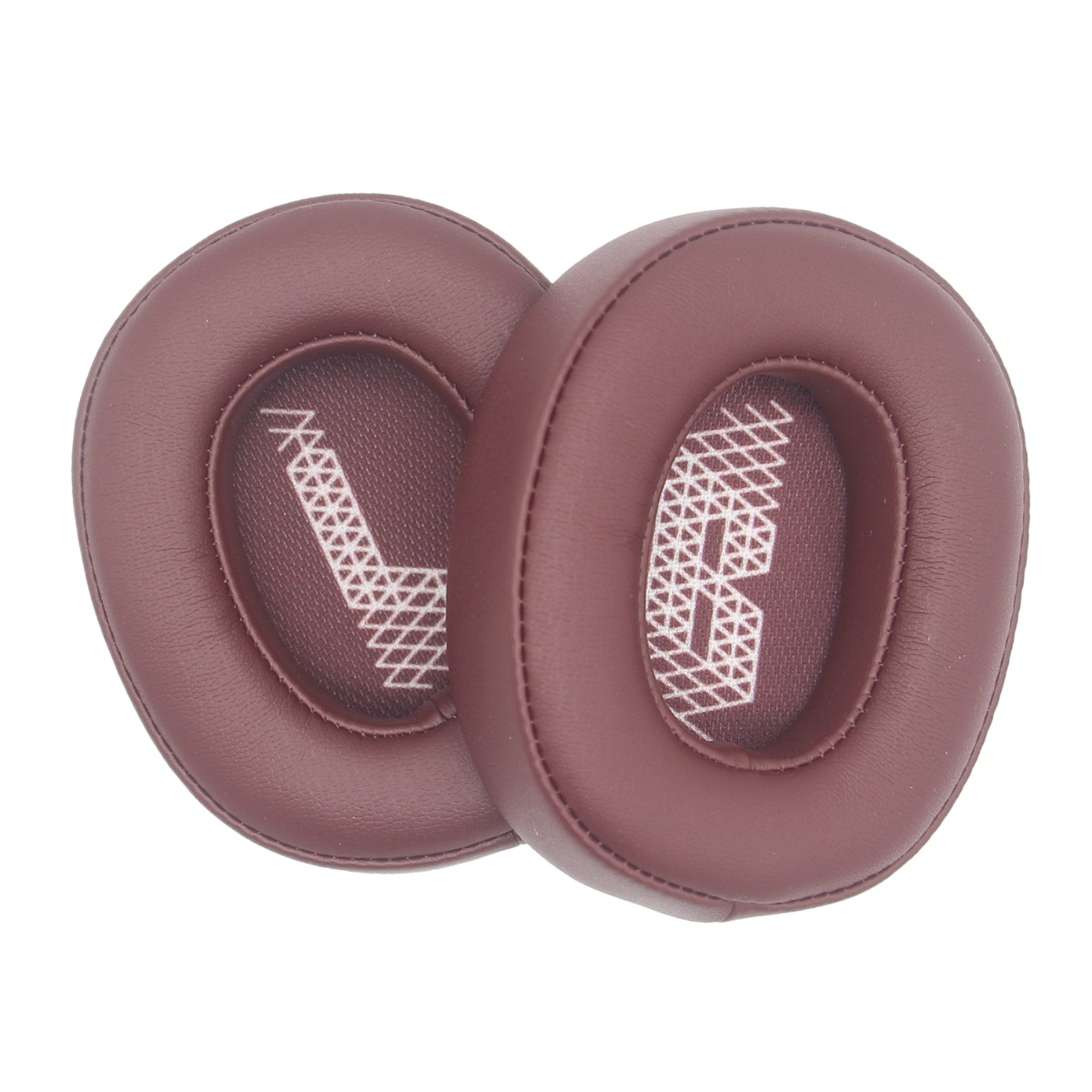 Due cuscinetti auricolari color vinaccia con motivo bianco, isolati su sfondo bianco.