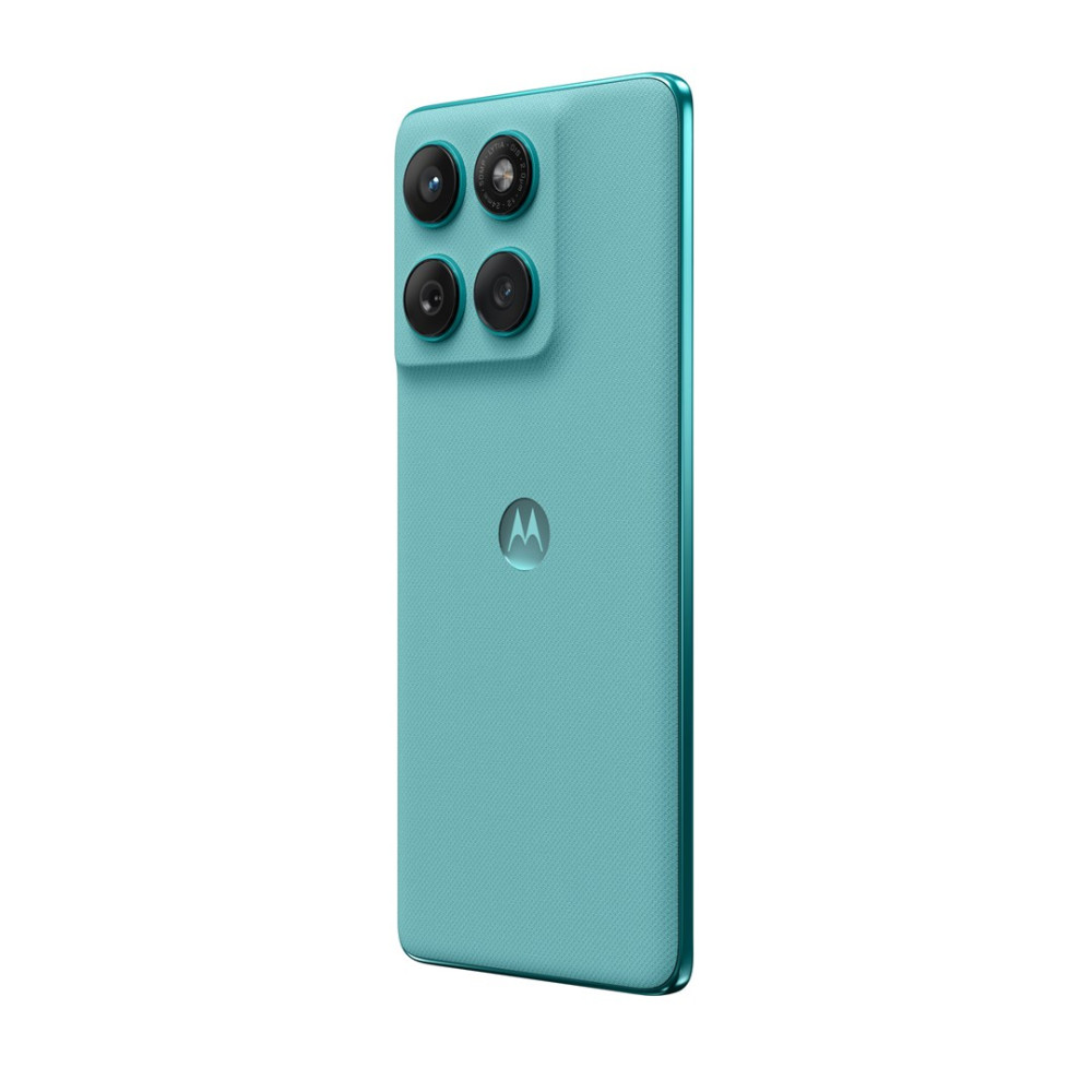 Türkisfarbenes Smartphone mit vier Kameras und Motorola-Logo.