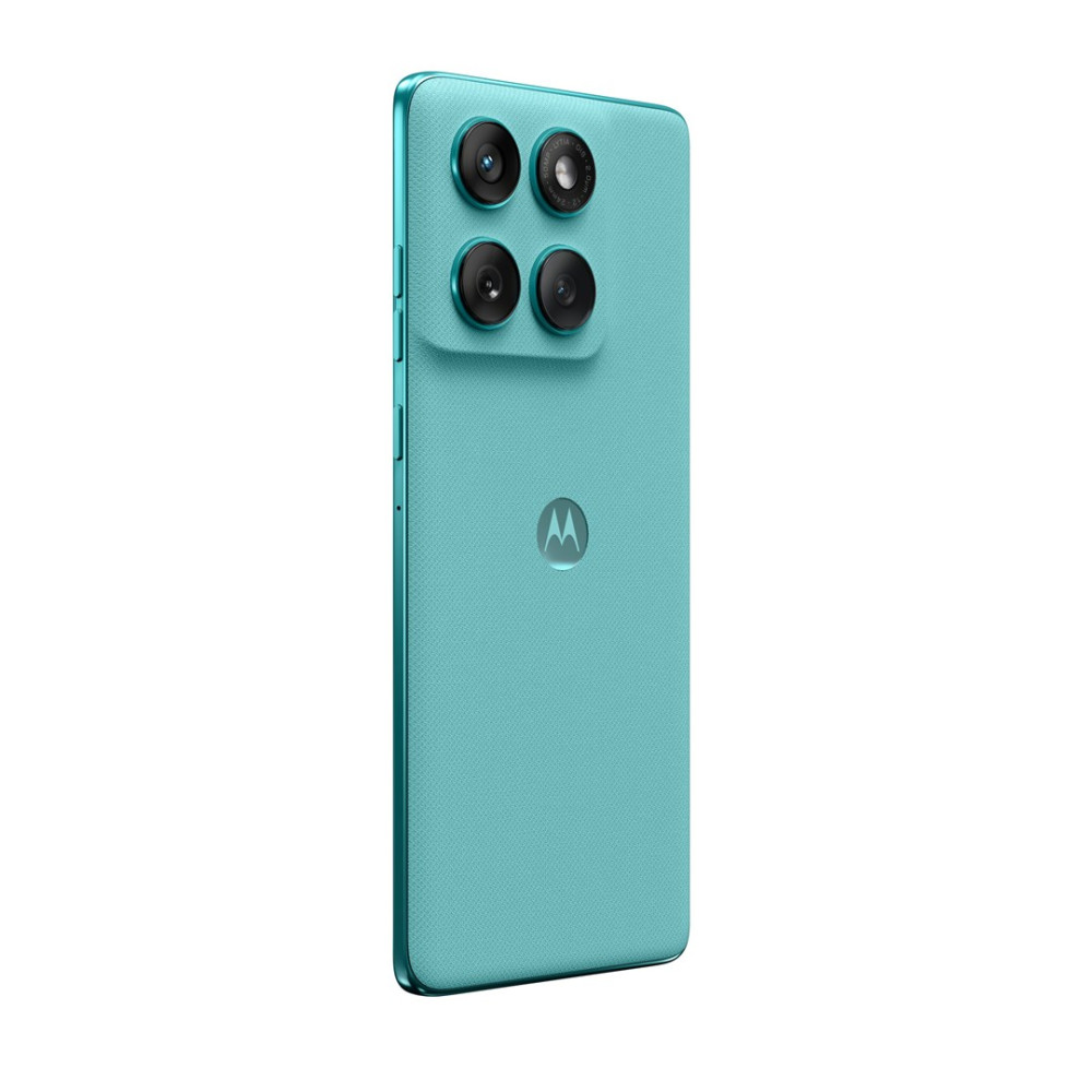 Ein türkisfarbenes Smartphone mit vier Kameralinsen und einem Motorola-Logo.