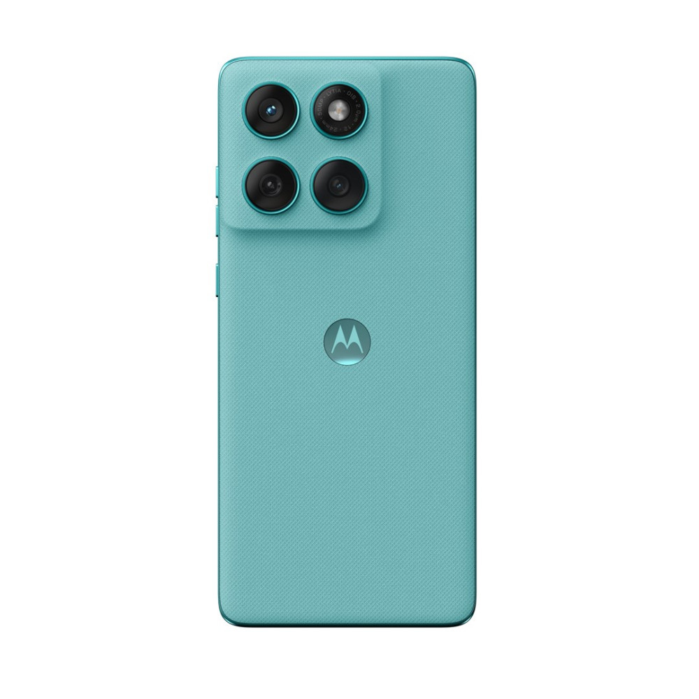 Rückseite eines türkisfarbenen Smartphones mit vier Kameras und Motorola-Logo.