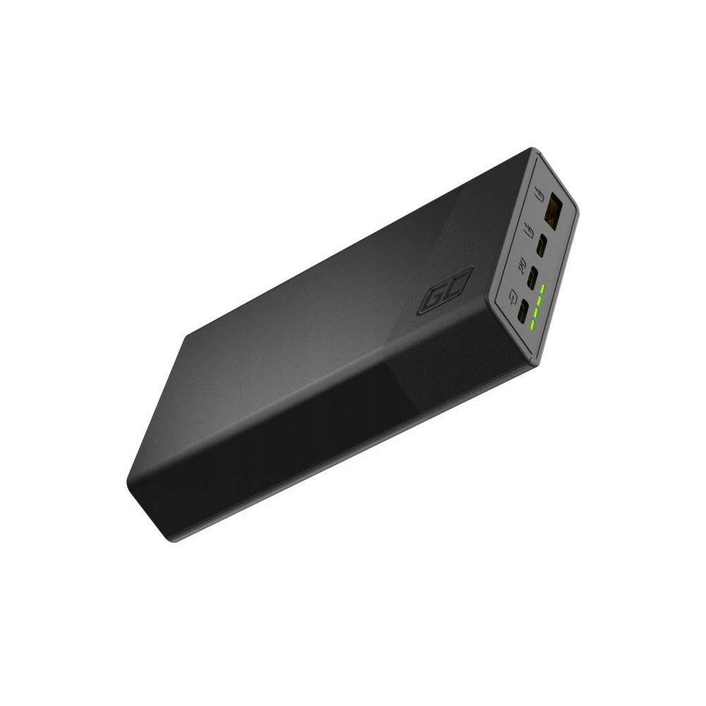 Czarny power bank z logo GC i wskaźnikami ładowania.
