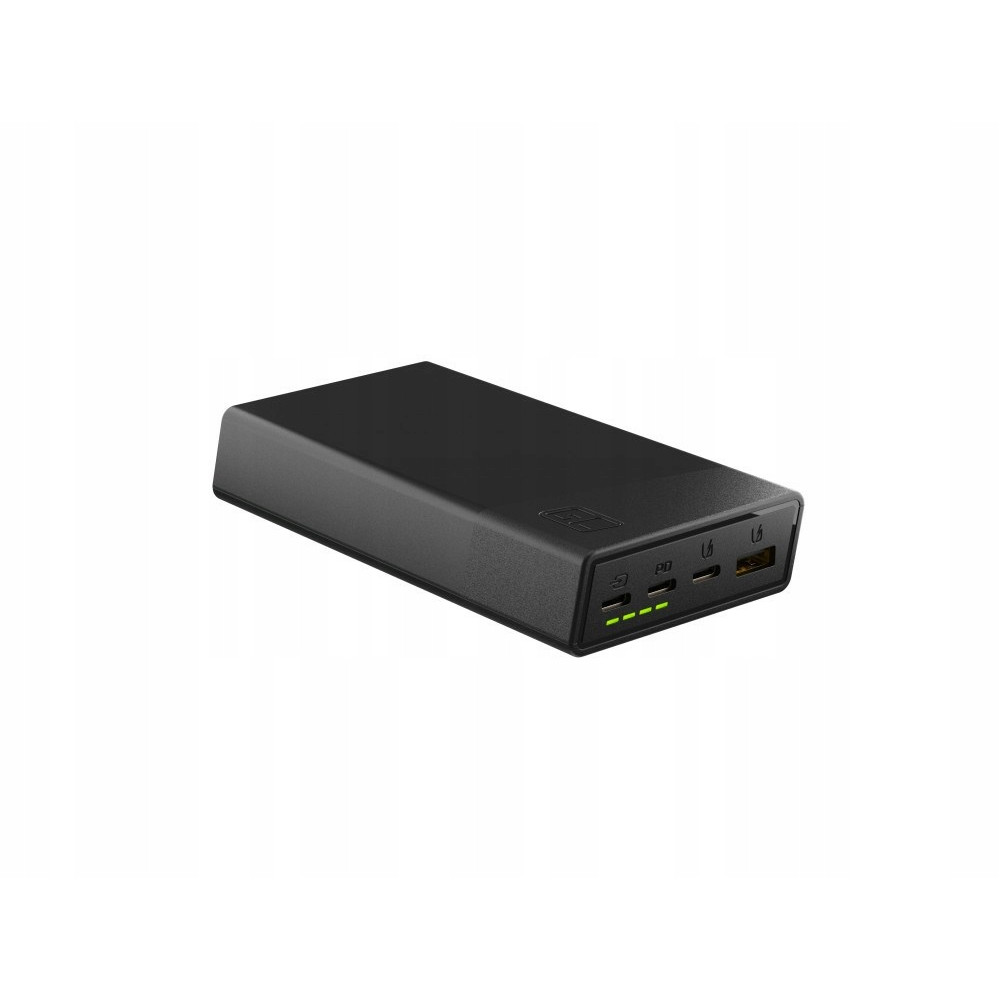 Czarny, prostokątny powerbank z portami USB-C i USB-A.