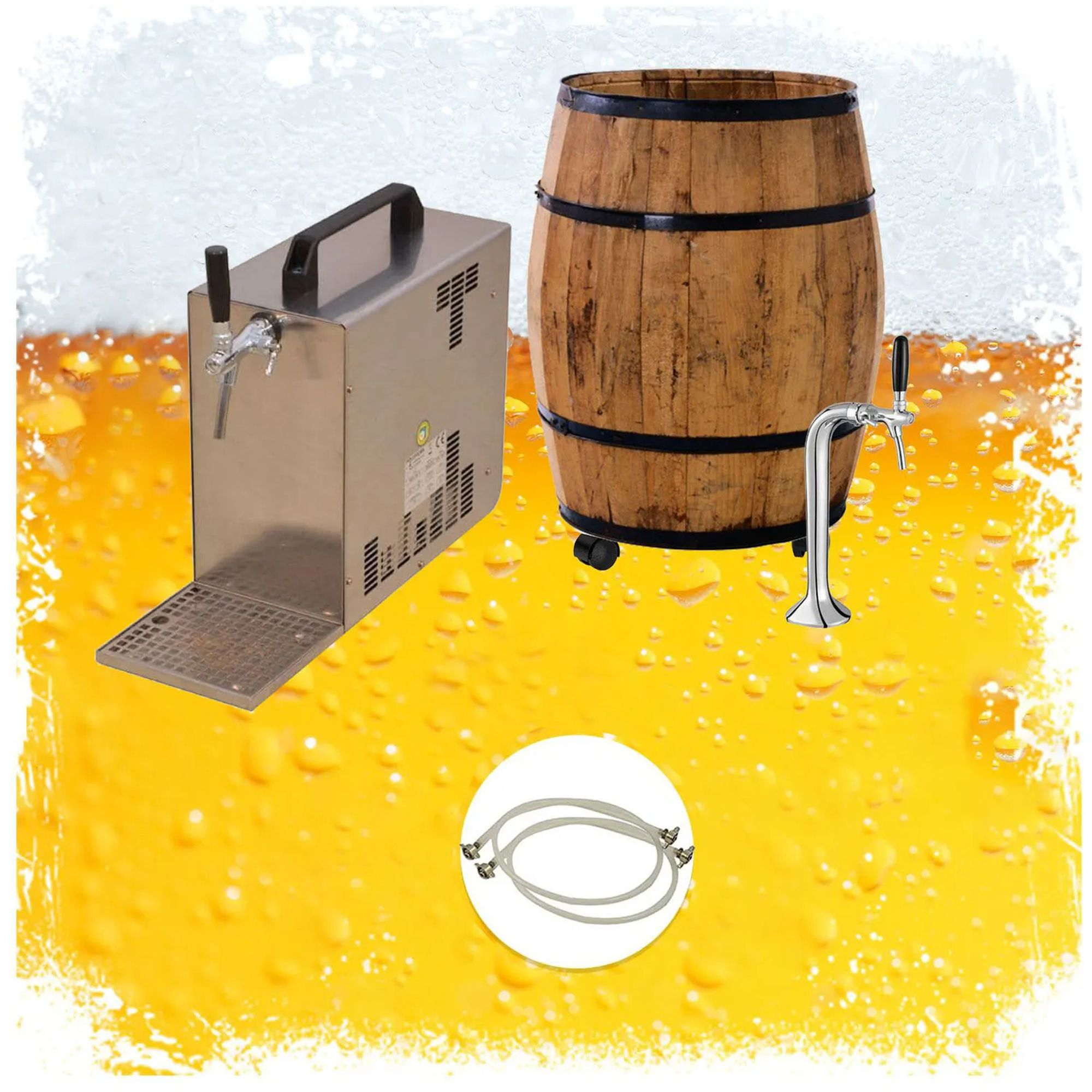 Zapfanlage, Holzbottich mit zwei Zapfhähnen und Schläuchen auf Bierhintergrund.