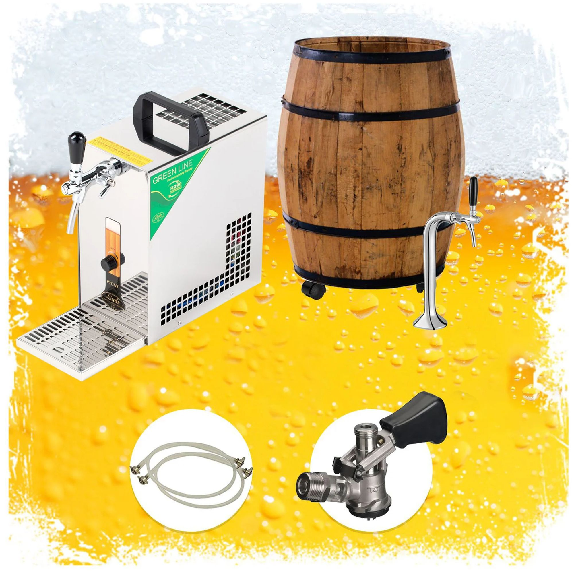 Ein Zapfgerät, ein Holzfass und Zapfhähne auf gelbem Hintergrund mit Wasserblasen.