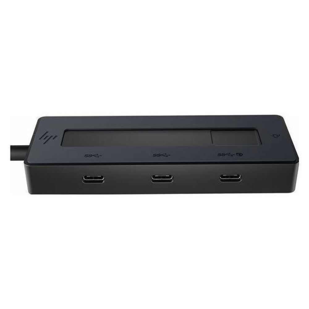 Czarna stacja dokująca HP z trzema portami USB-C i kablem ładującym.