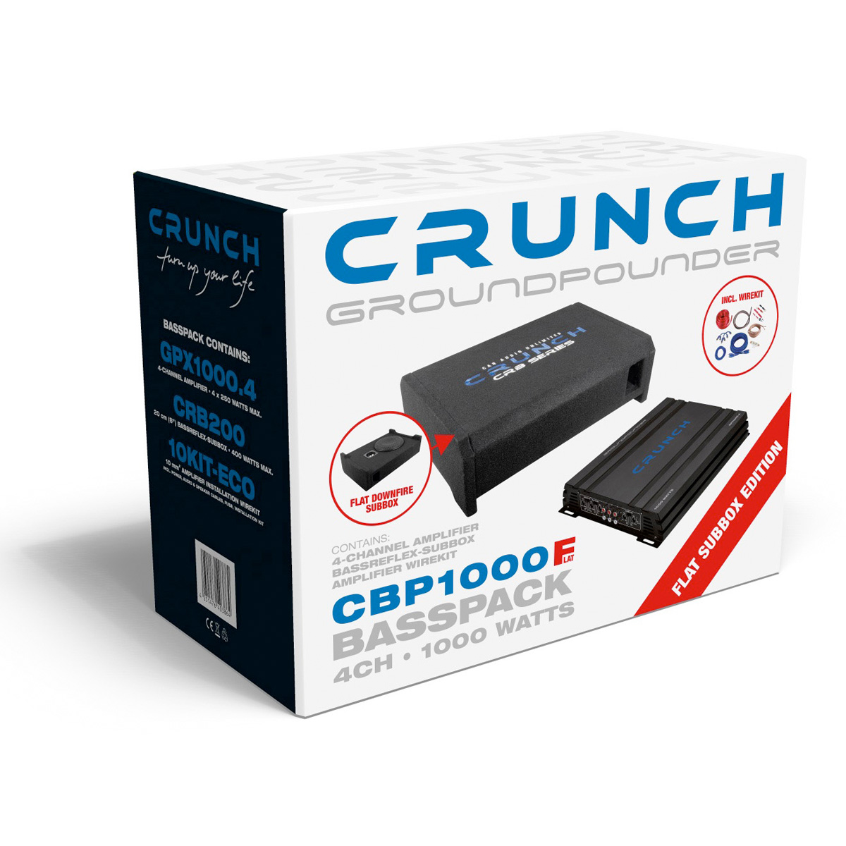 Crunch Groundpounder Basspack mit 4-Kanal-Verstärker, Subwoofer und Wirekit.