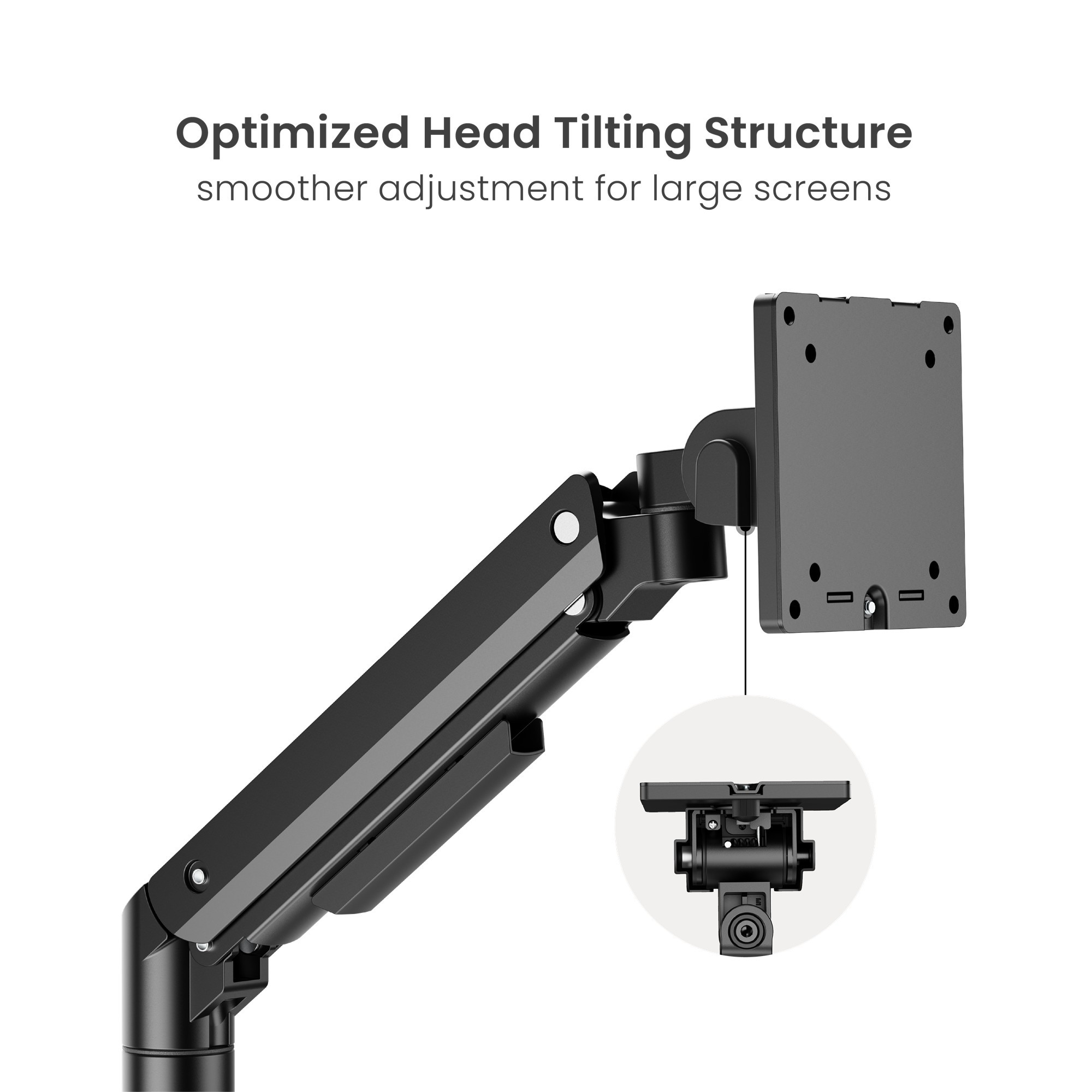 Schwarzer Monitorarm mit VESA-Halterung und Einstellungsdetails.