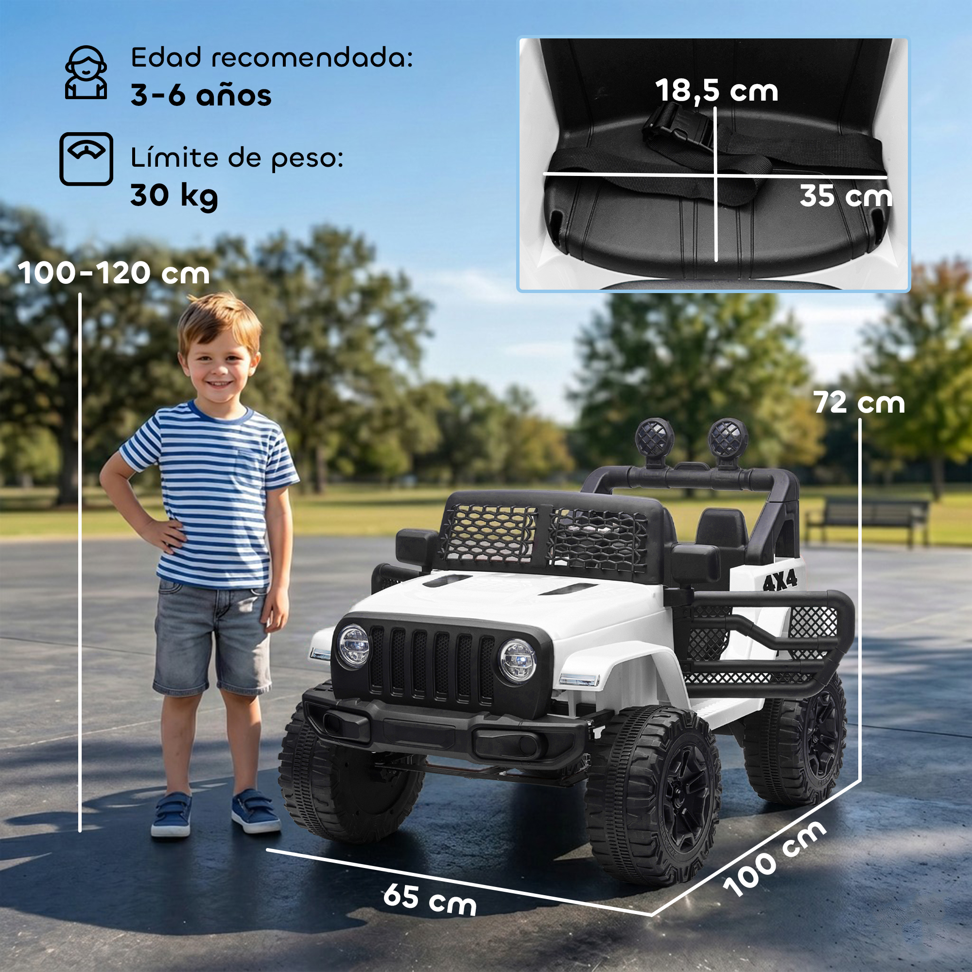 Un niño junto a un Jeep eléctrico blanco con medidas y recomendaciones de edad.