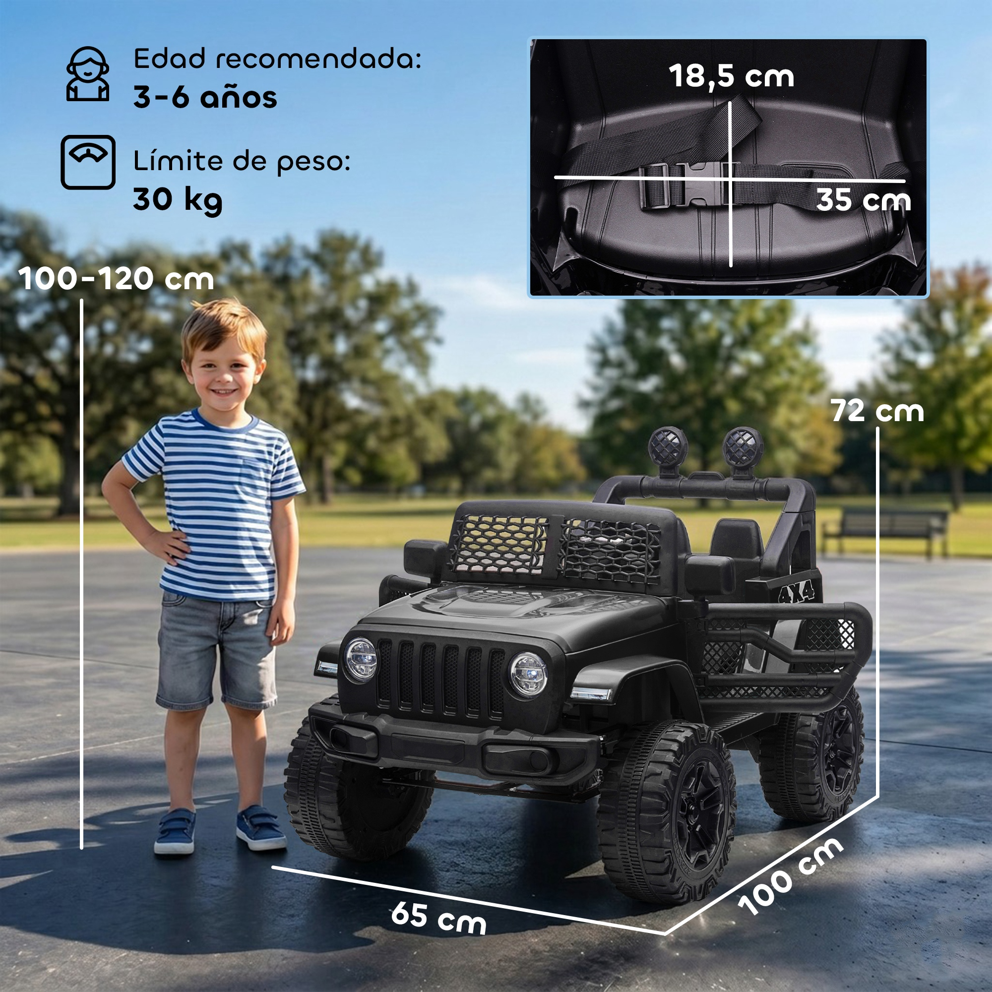 Un niño está junto a un Jeep eléctrico negro. Se muestran dimensiones y recomendaciones de edad.