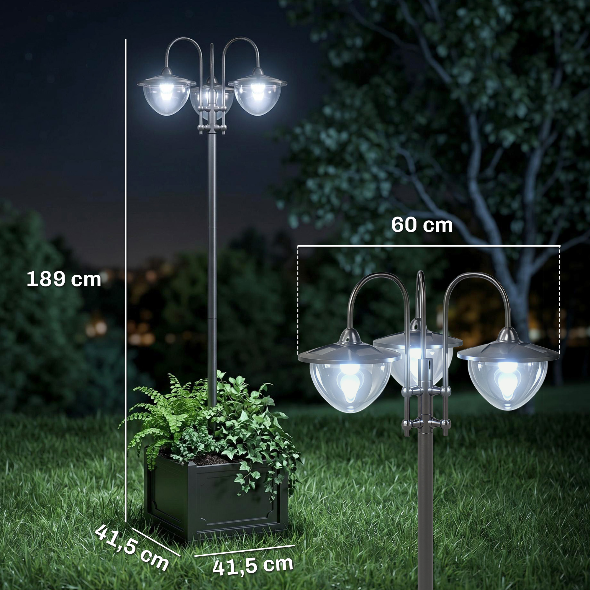 Lámpara exterior de tres luces con jardinera en césped nocturno